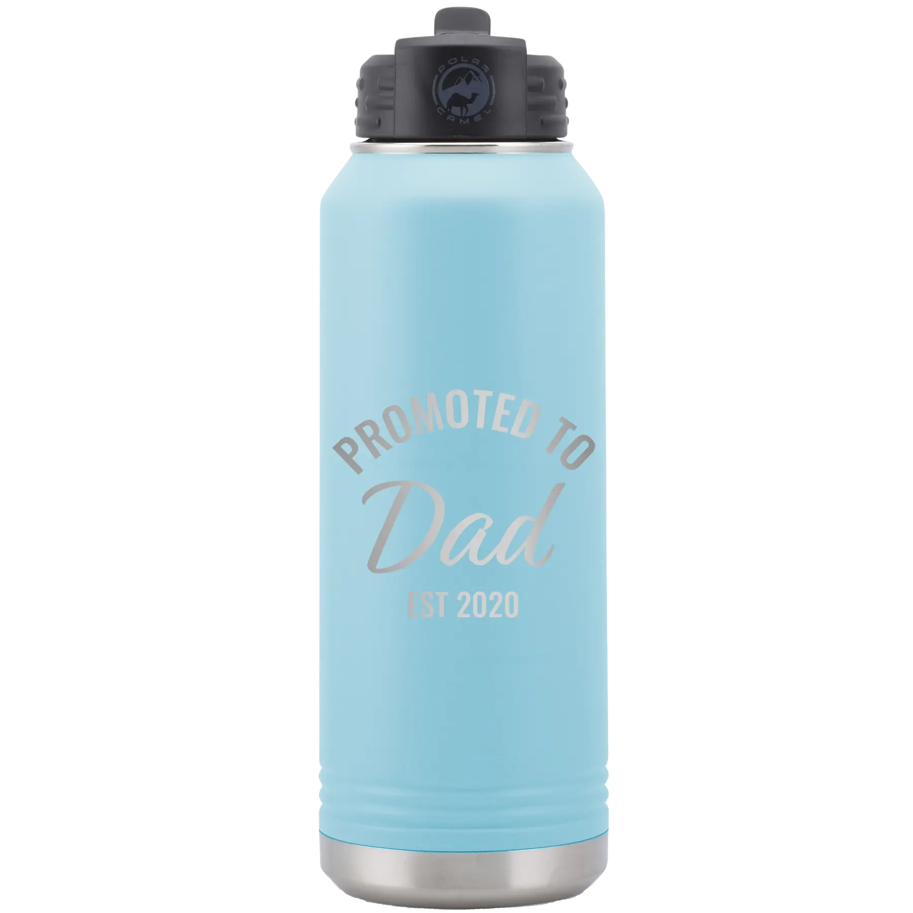 Personalized light blue 32 oz vacuum insulated water bottle with 'Promoted to Dad' design