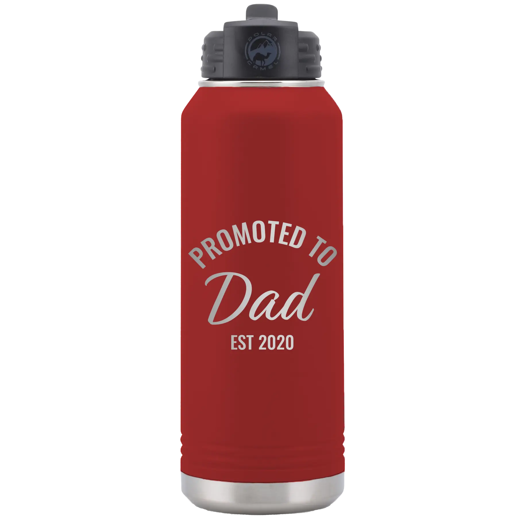 Personalized maroon 32 oz vacuum insulated water bottle with 'Promoted to Dad' design