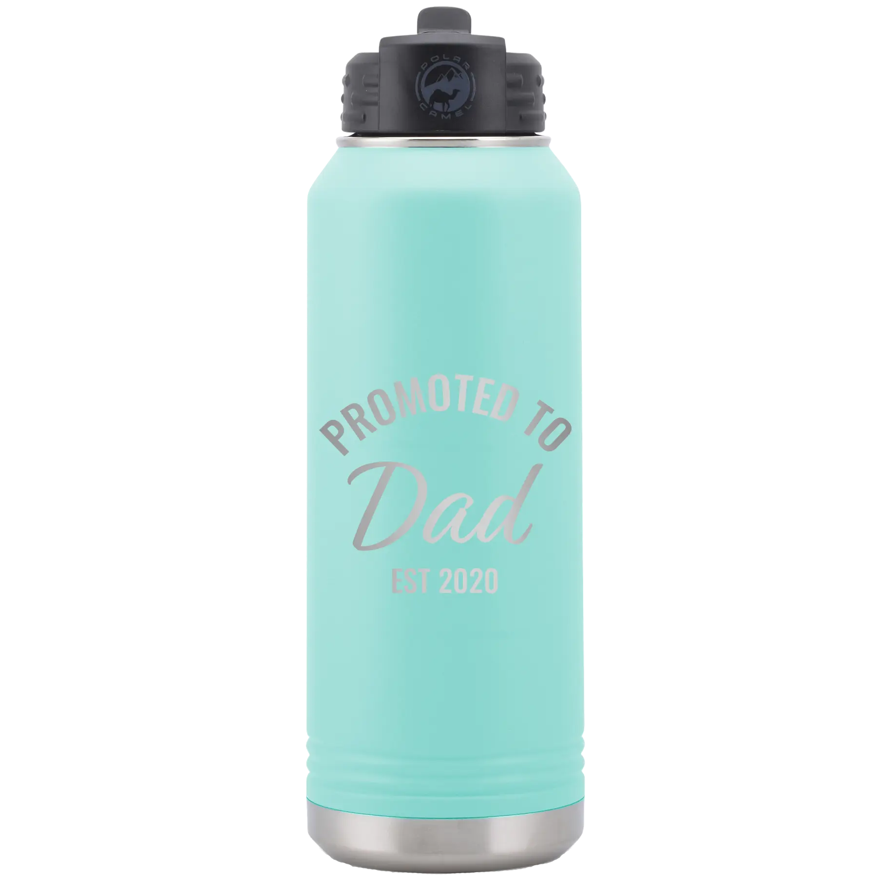 Personalized teal 32 oz vacuum insulated water bottle with 'Promoted to Dad' design