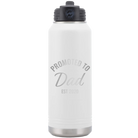 Personalized white 32 oz vacuum insulated water bottle with 'Promoted to Dad' design