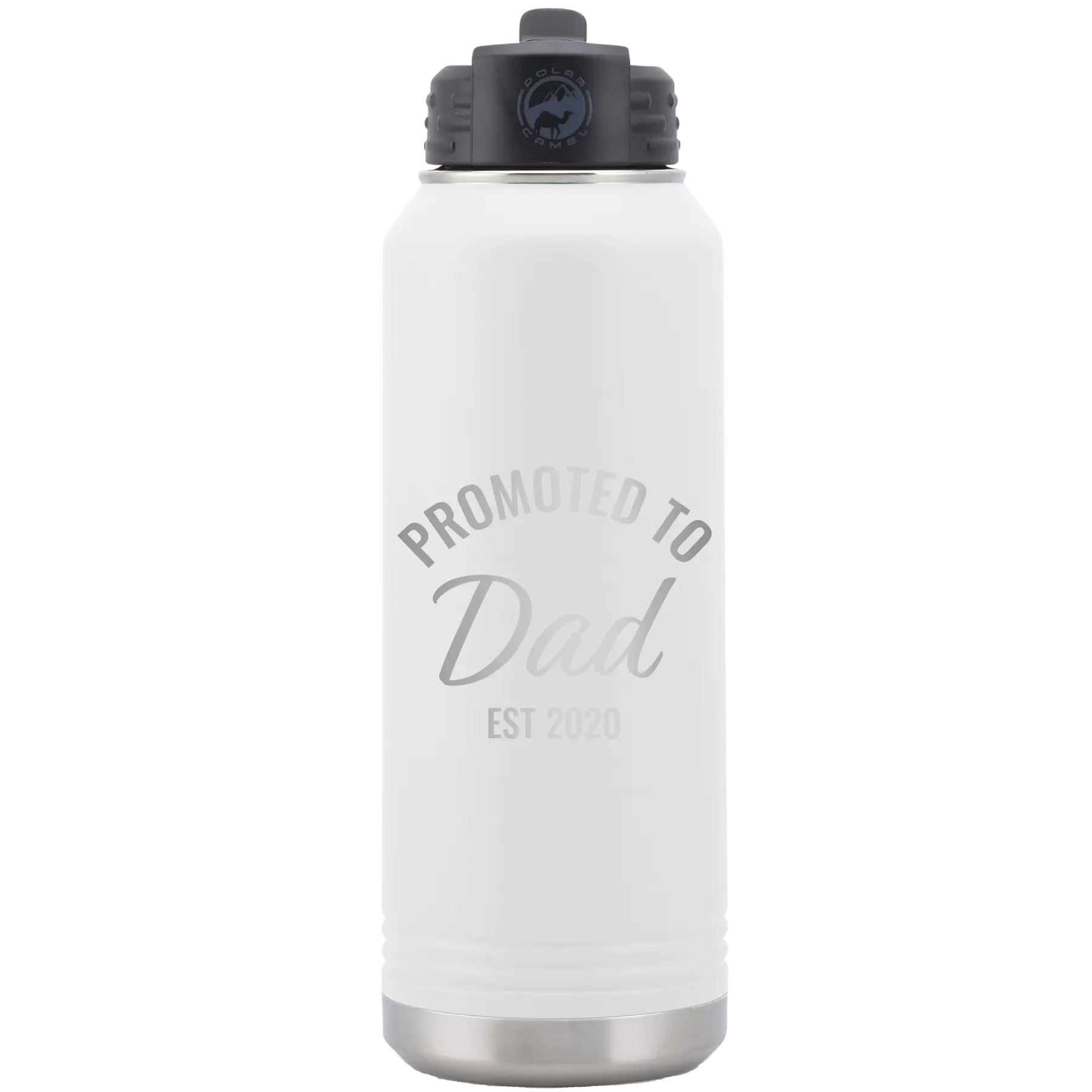 Personalized white 32 oz vacuum insulated water bottle with 'Promoted to Dad' design