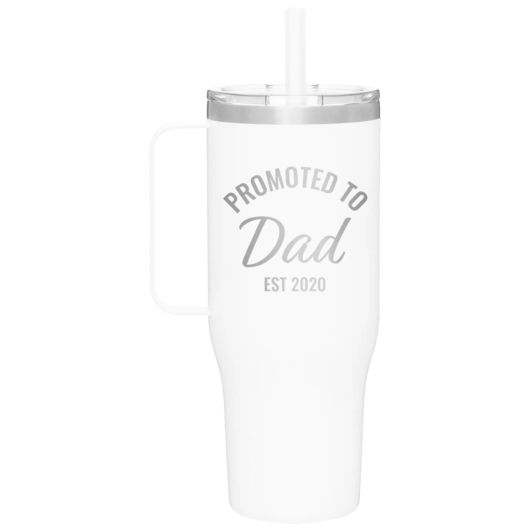 Personalized white 40 oz vacuum insulated tumbler mug with 'Promoted to Dad' design