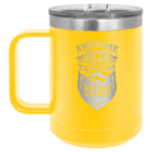 Laser etched yellow 15 oz vacuum insulated coffee mug with 'Awesome Dads have Tattoos and Beards' design