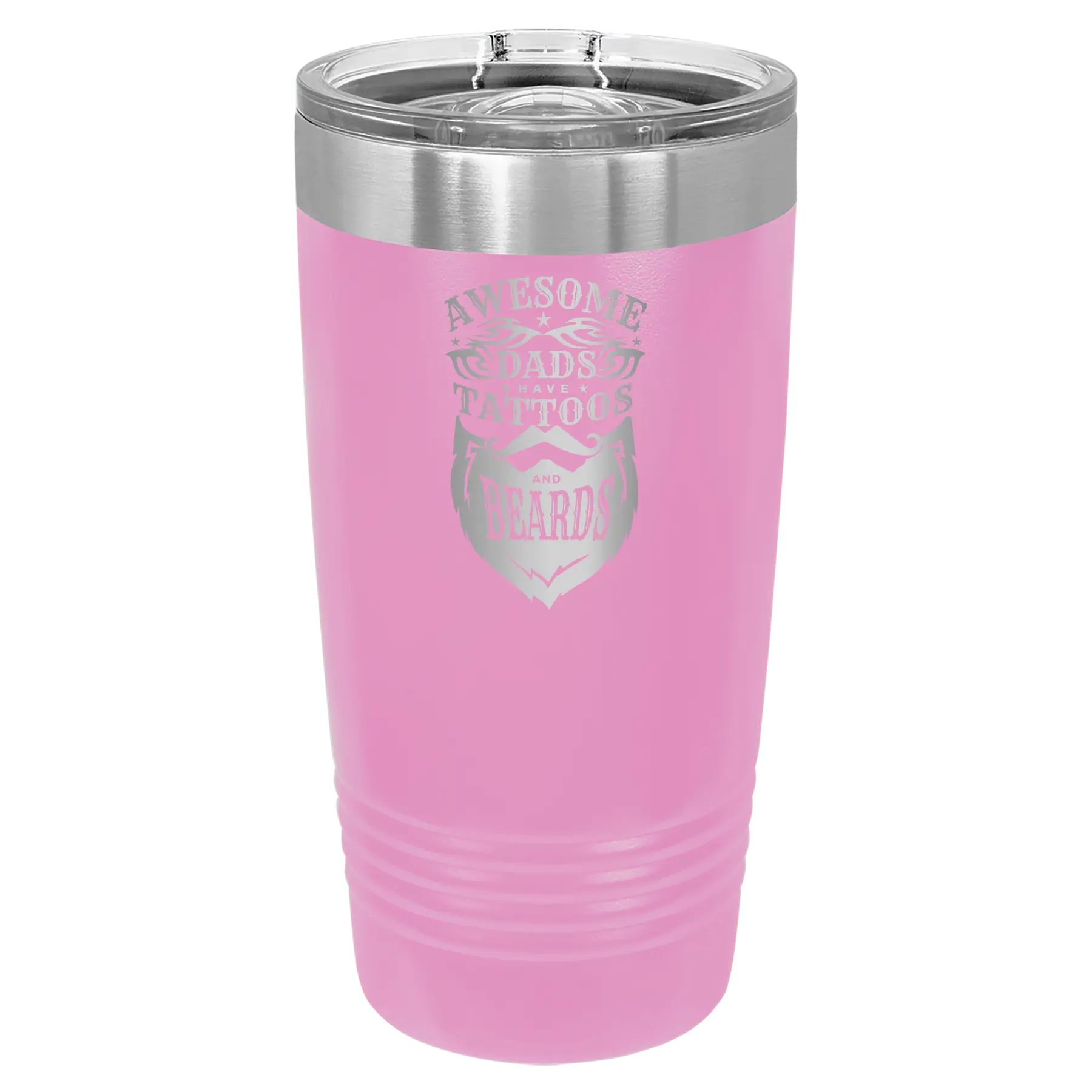Laser etched light purple 20 oz vacuum insulated tumbler with 'Awesome Dads have Tattoos and Beards' design