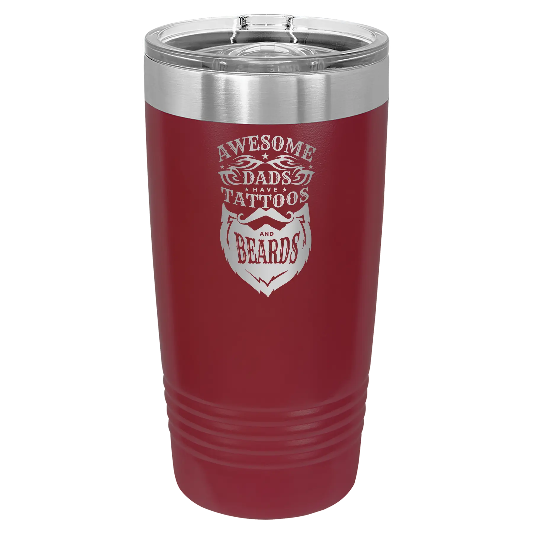Laser etched maroon 20 oz vacuum insulated tumbler with 'Awesome Dads have Tattoos and Beards' design