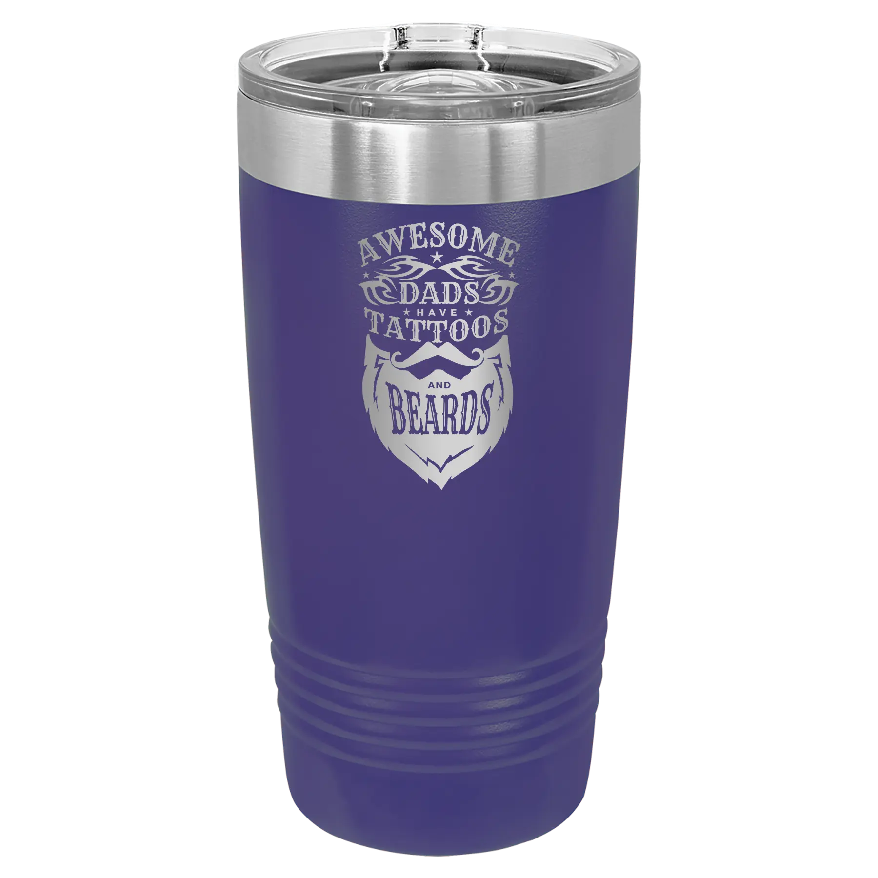 Laser etched purple 20 oz vacuum insulated tumbler with 'Awesome Dads have Tattoos and Beards' design