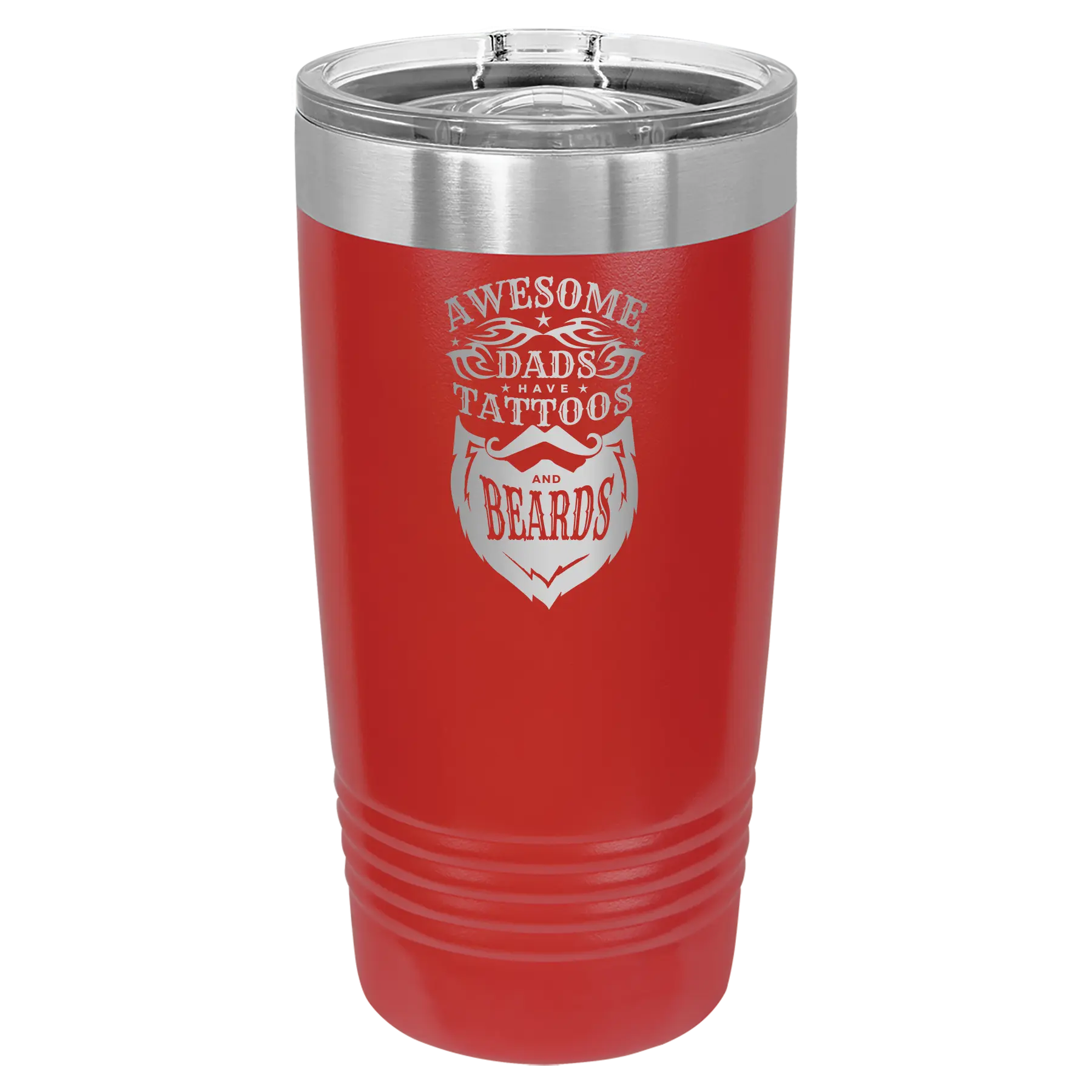 Laser etched red 20 oz vacuum insulated tumbler with 'Awesome Dads have Tattoos and Beards' design