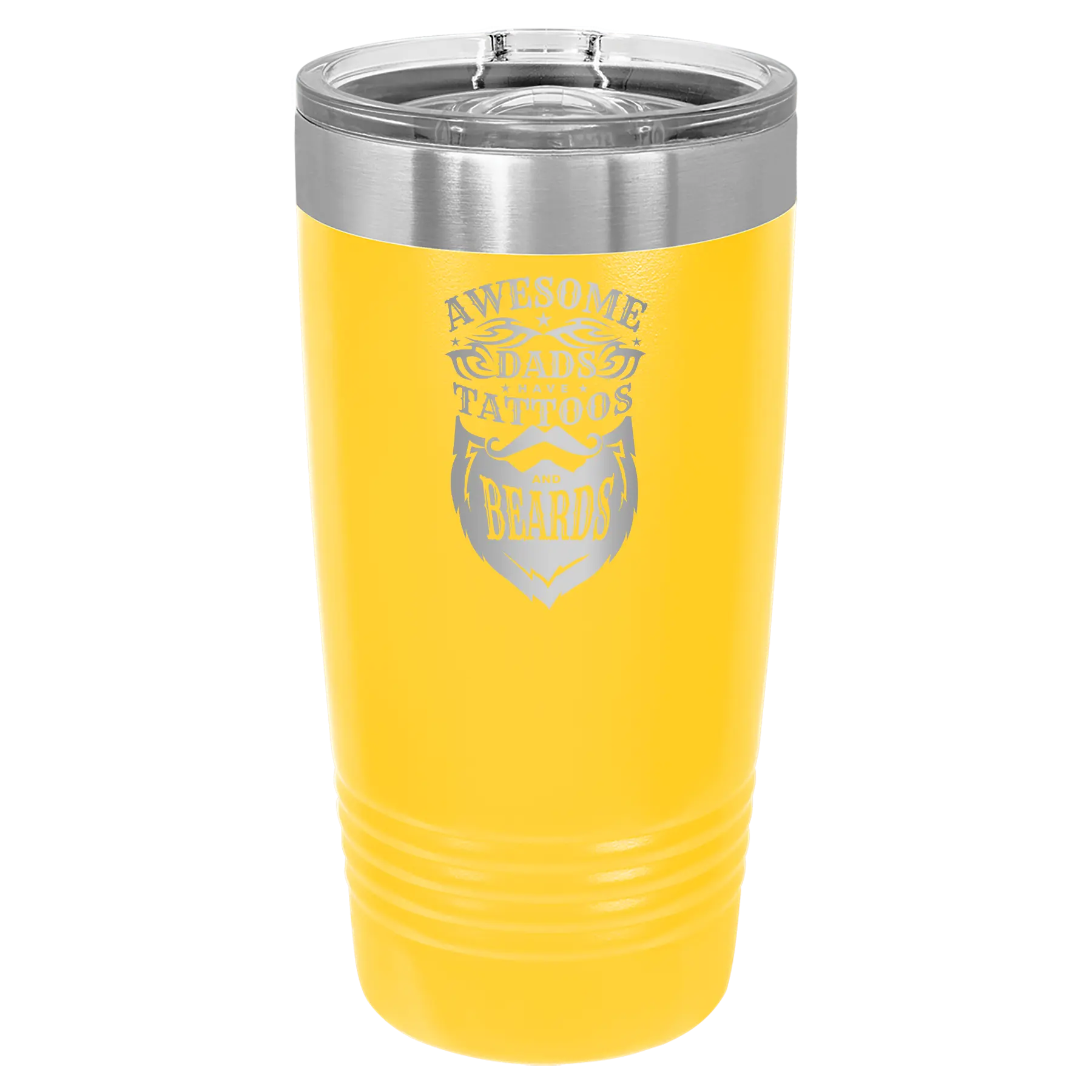Laser etched yellow 20 oz vacuum insulated tumbler with 'Awesome Dads have Tattoos and Beards' design