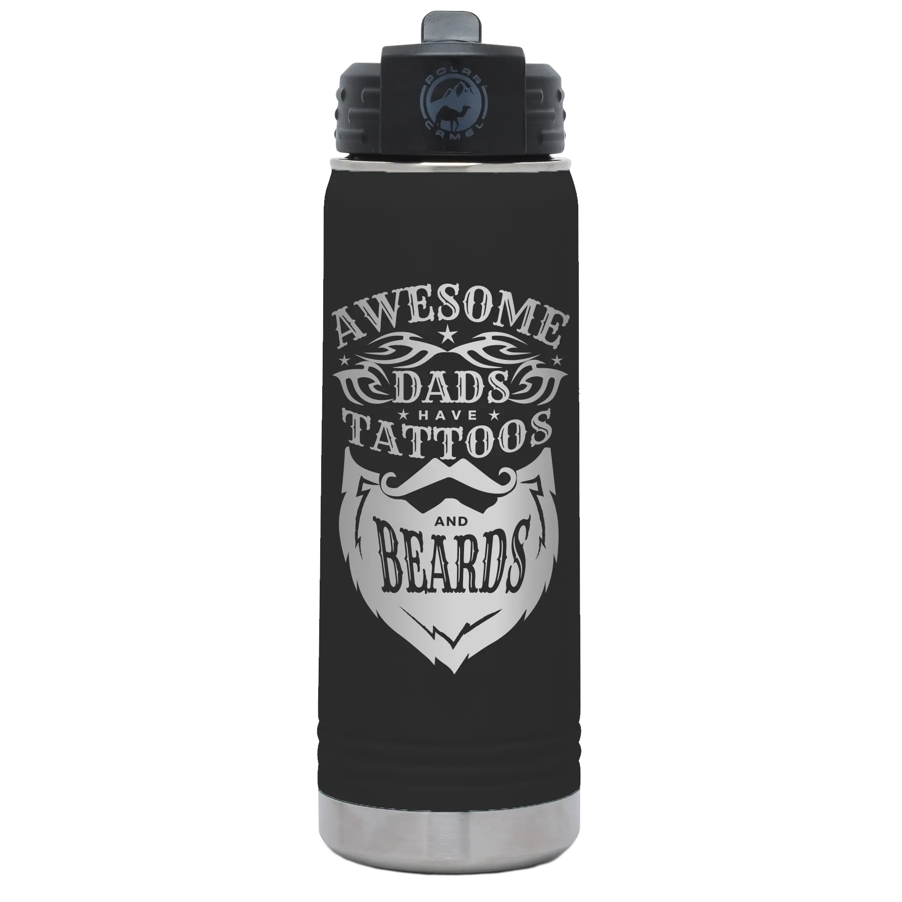 Laser etched black 20 oz vacuum insulated water bottle with 'Awesome Dads have Tattoos and Beards' design