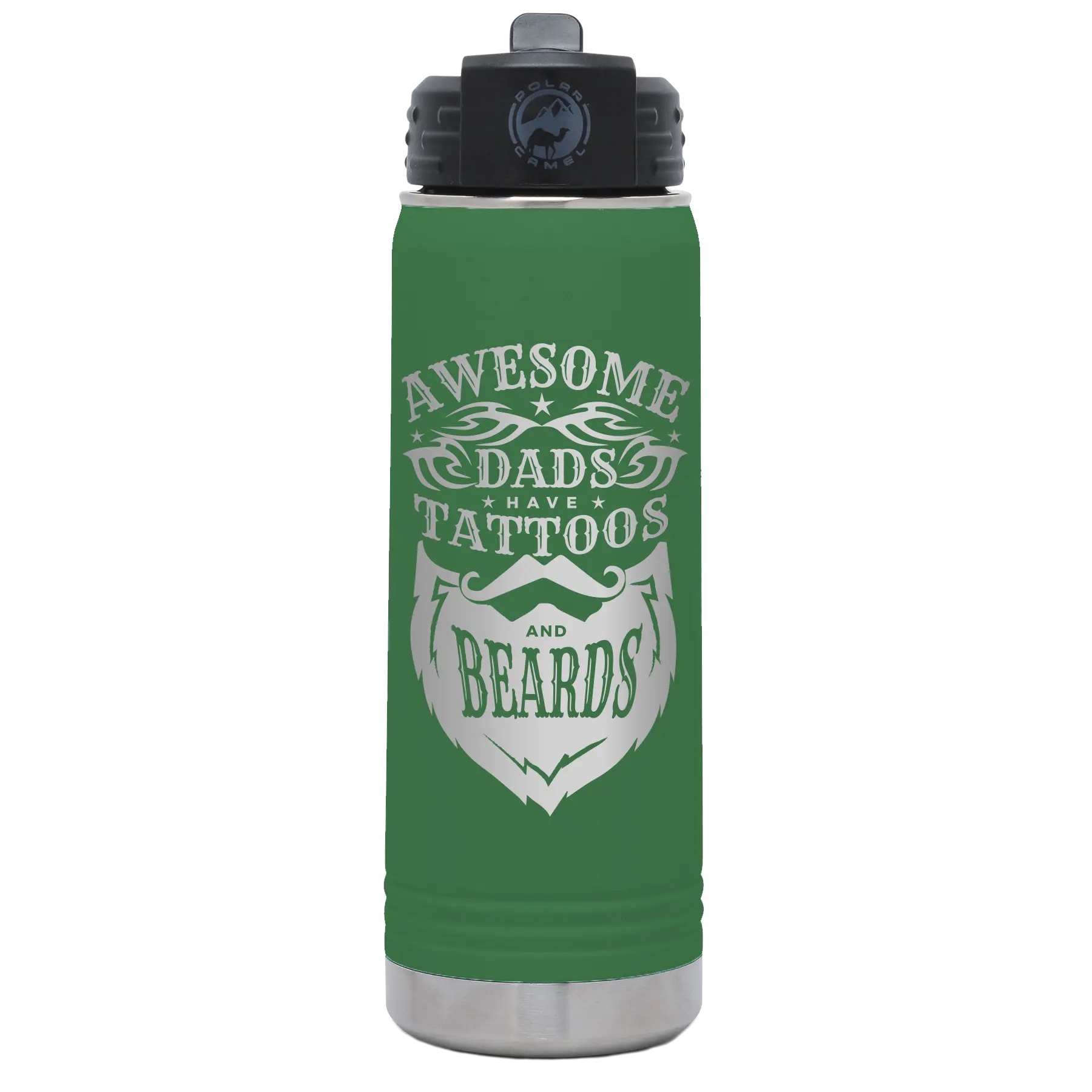 Laser etched green 20 oz vacuum insulated water bottle with 'Awesome Dads have Tattoos and Beards' design