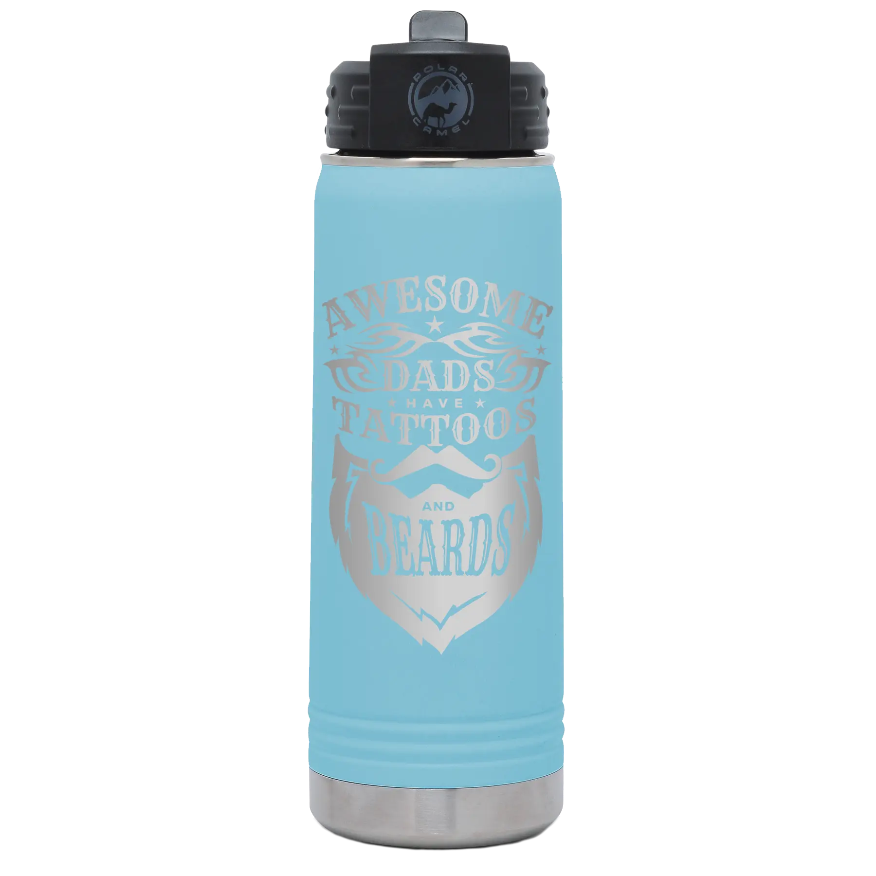 Laser etched light blue 20 oz vacuum insulated water bottle with 'Awesome Dads have Tattoos and Beards' design