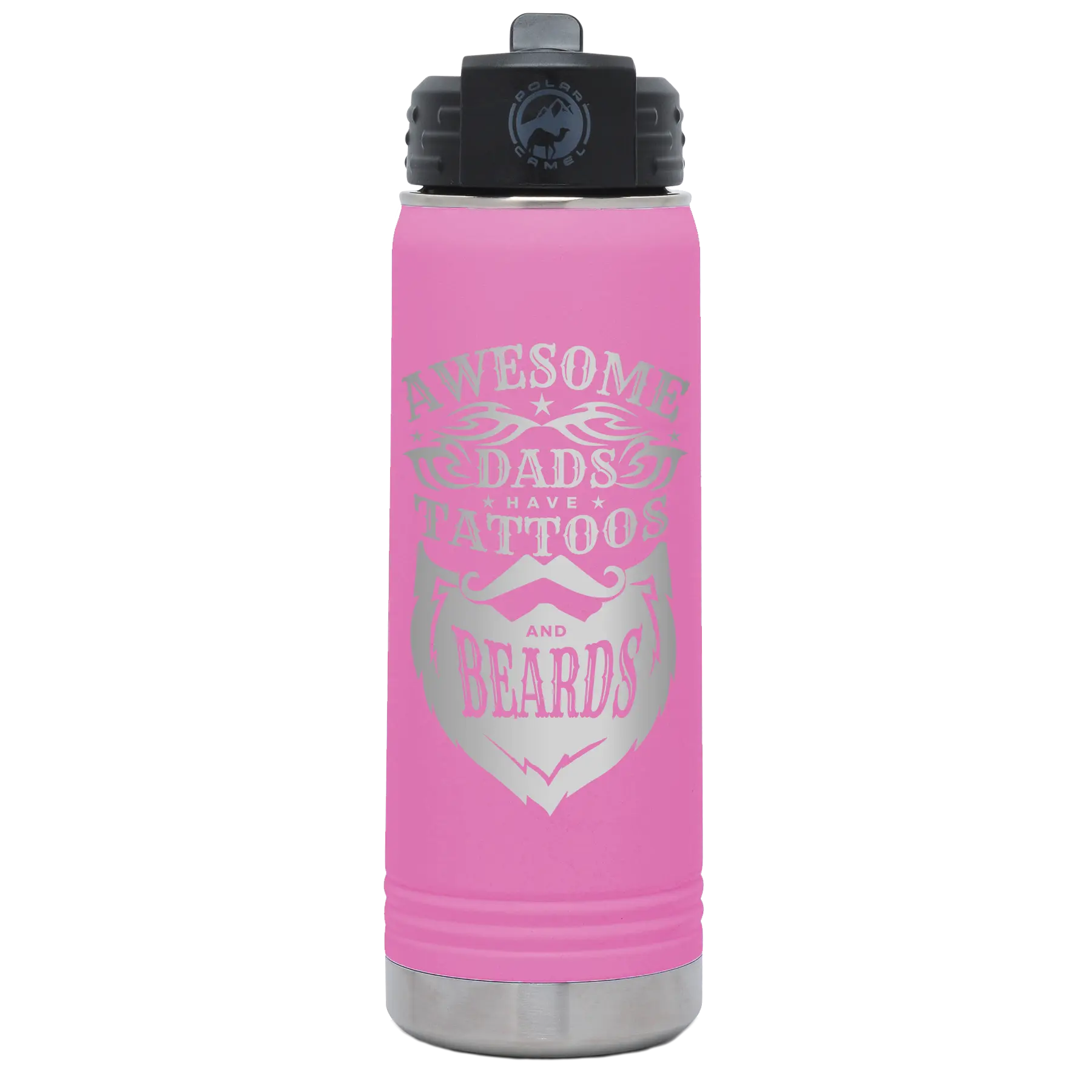 Laser etched light purple 20 oz vacuum insulated water bottle with 'Awesome Dads have Tattoos and Beards' design