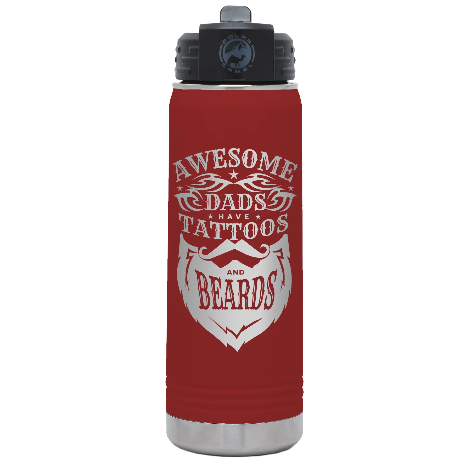 Laser etched maroon 20 oz vacuum insulated water bottle with 'Awesome Dads have Tattoos and Beards' design