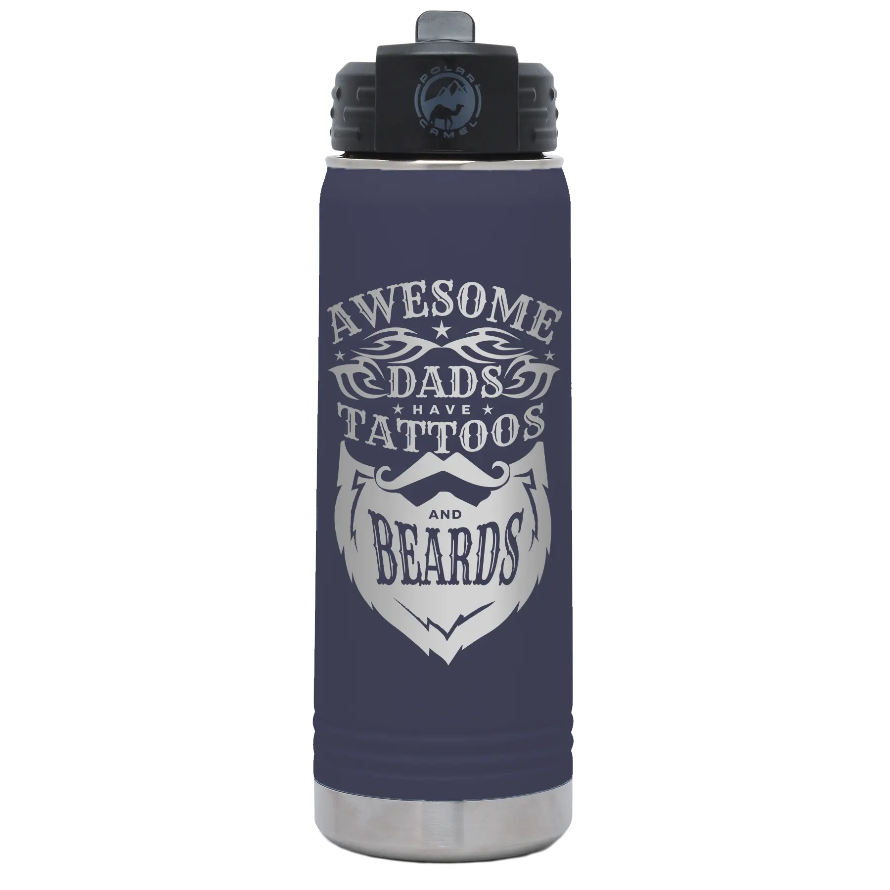 Laser etched navy 20 oz vacuum insulated water bottle with 'Awesome Dads have Tattoos and Beards' design