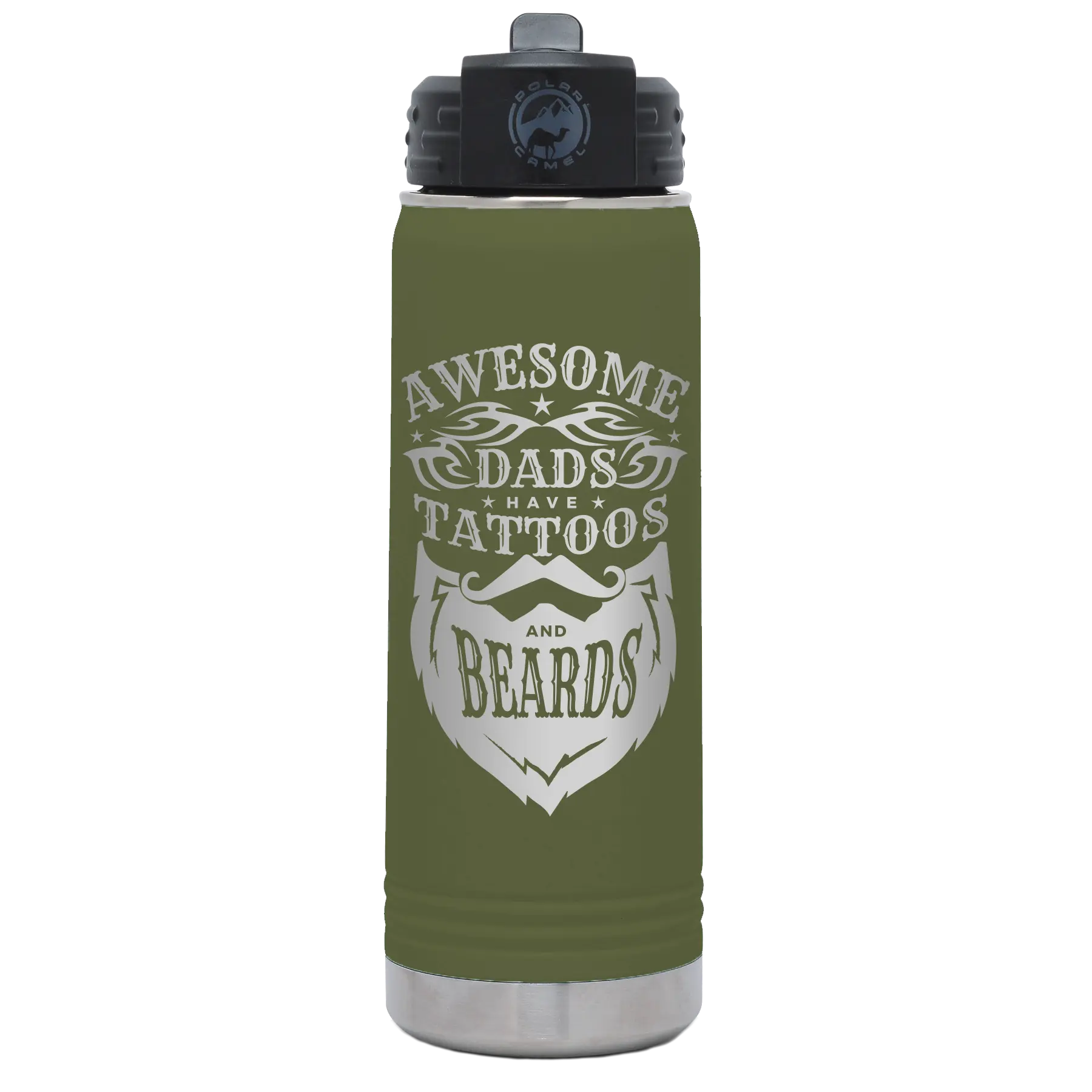 Laser etched olive green 20 oz vacuum insulated water bottle with 'Awesome Dads have Tattoos and Beards' design