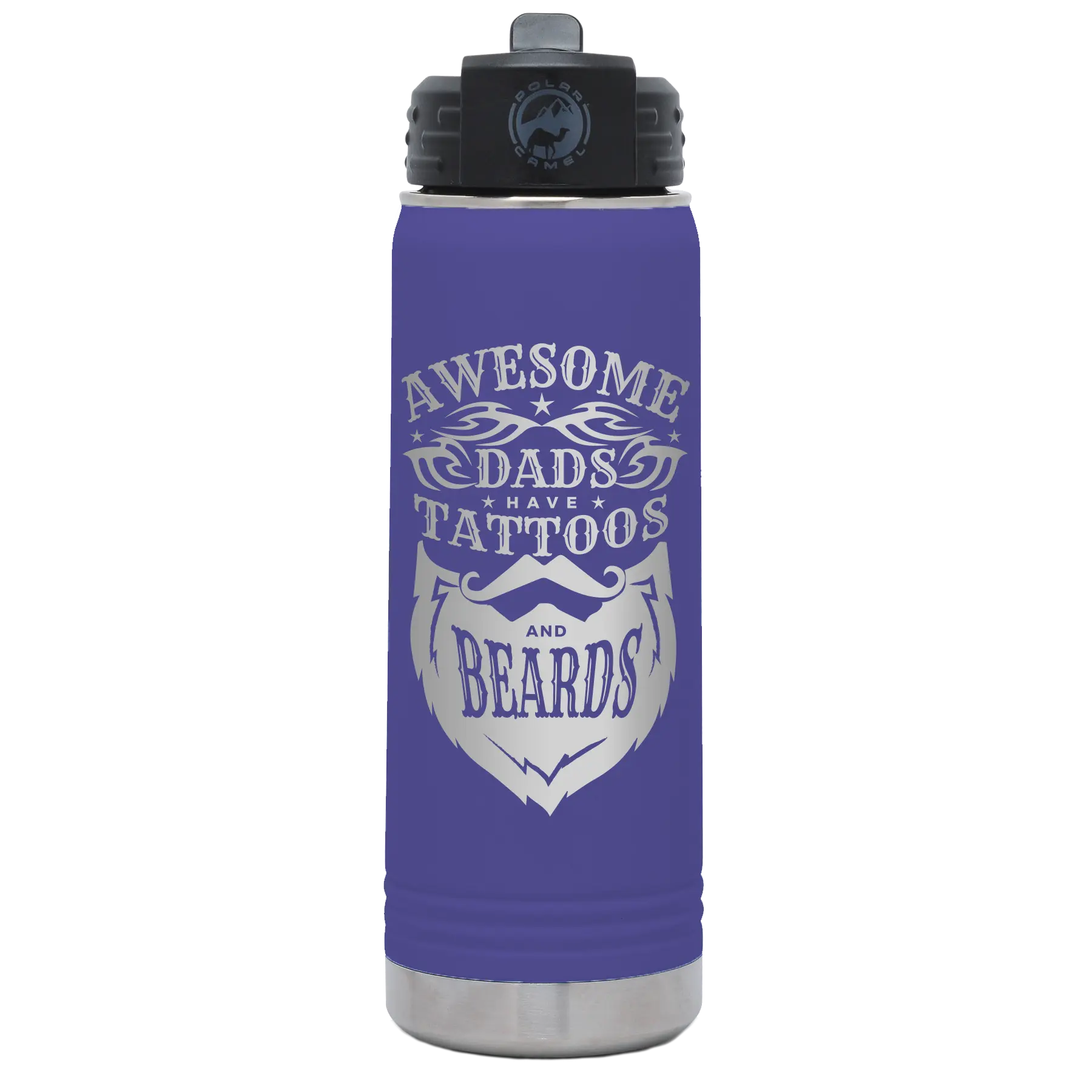 Laser etched purple 20 oz vacuum insulated water bottle with 'Awesome Dads have Tattoos and Beards' design