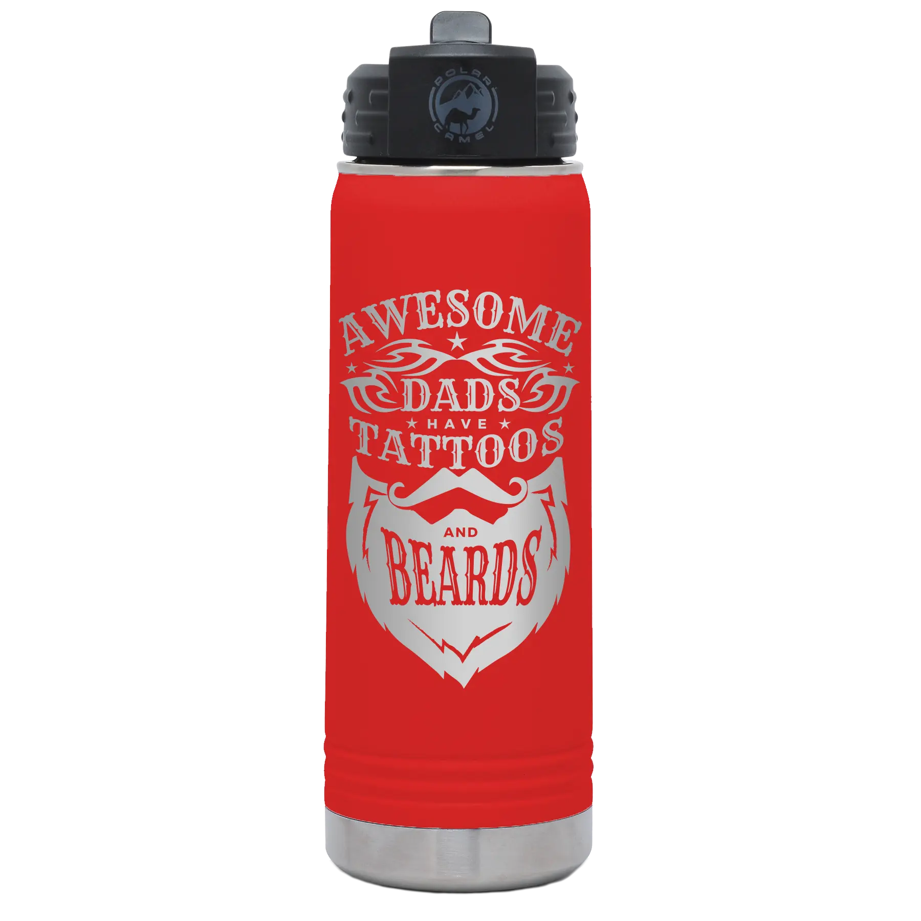 Laser etched red 20 oz vacuum insulated water bottle with 'Awesome Dads have Tattoos and Beards' design
