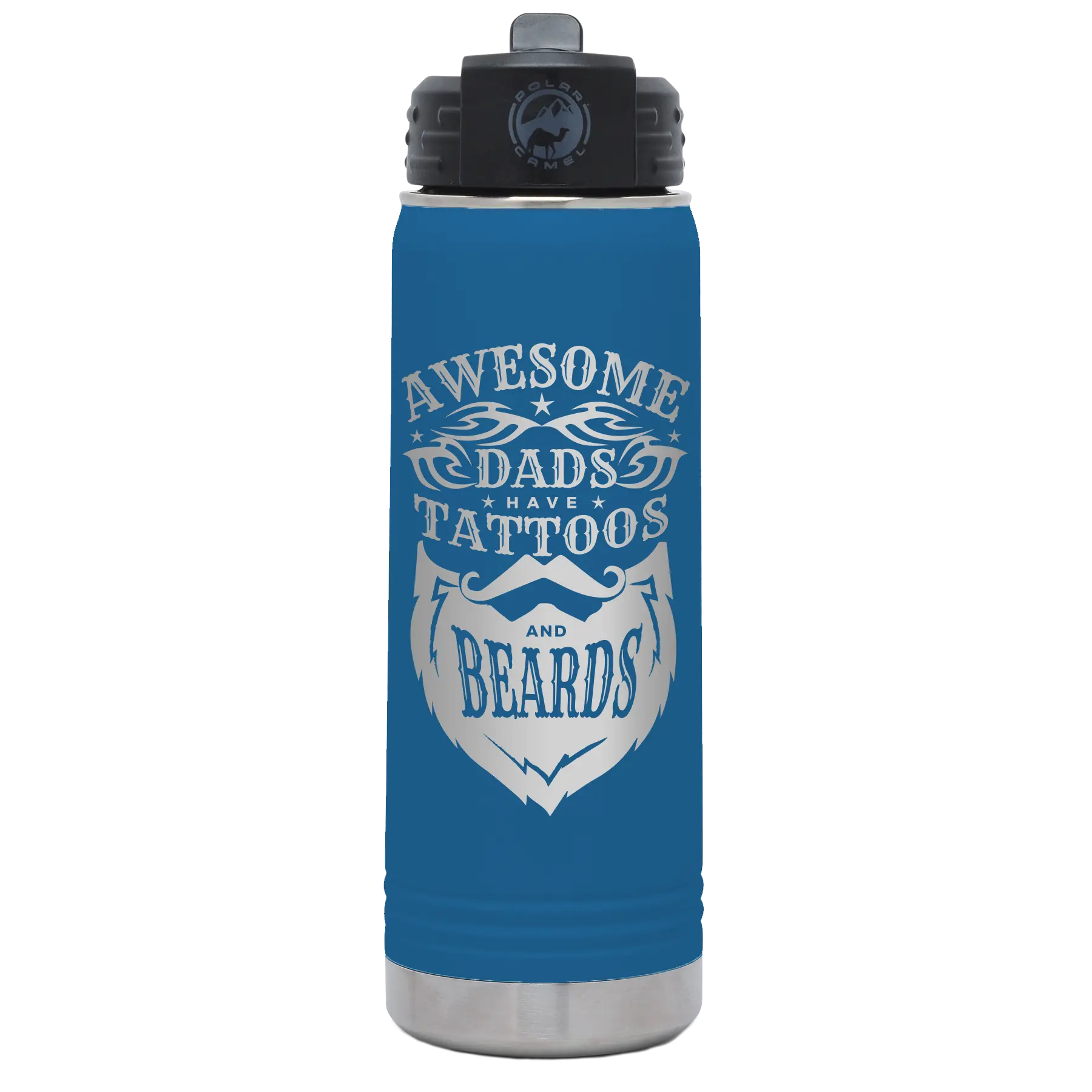 Laser etched royal blue 20 oz vacuum insulated water bottle with 'Awesome Dads have Tattoos and Beards' design