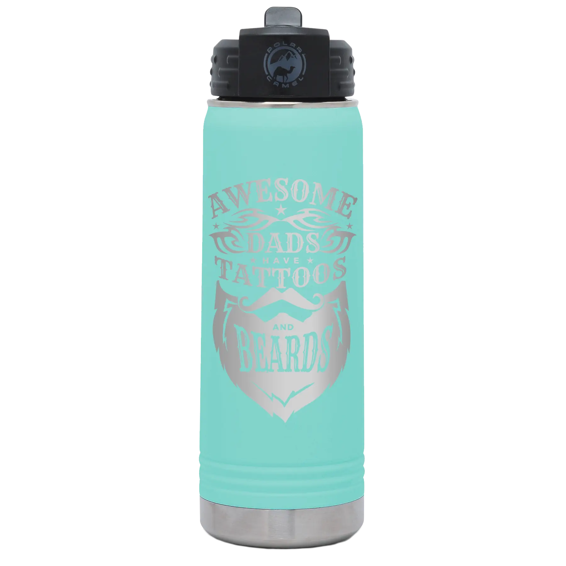 Laser etched teal 20 oz vacuum insulated water bottle with 'Awesome Dads have Tattoos and Beards' design