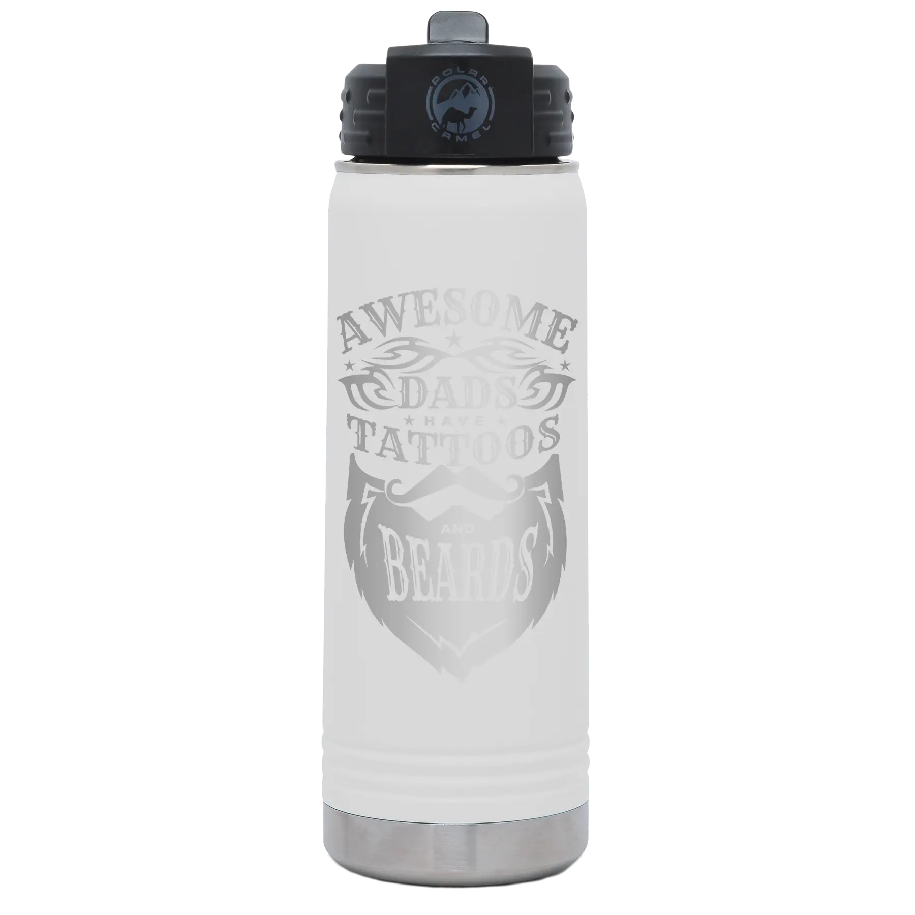 Laser etched white 20 oz vacuum insulated water bottle with 'Awesome Dads have Tattoos and Beards' design
