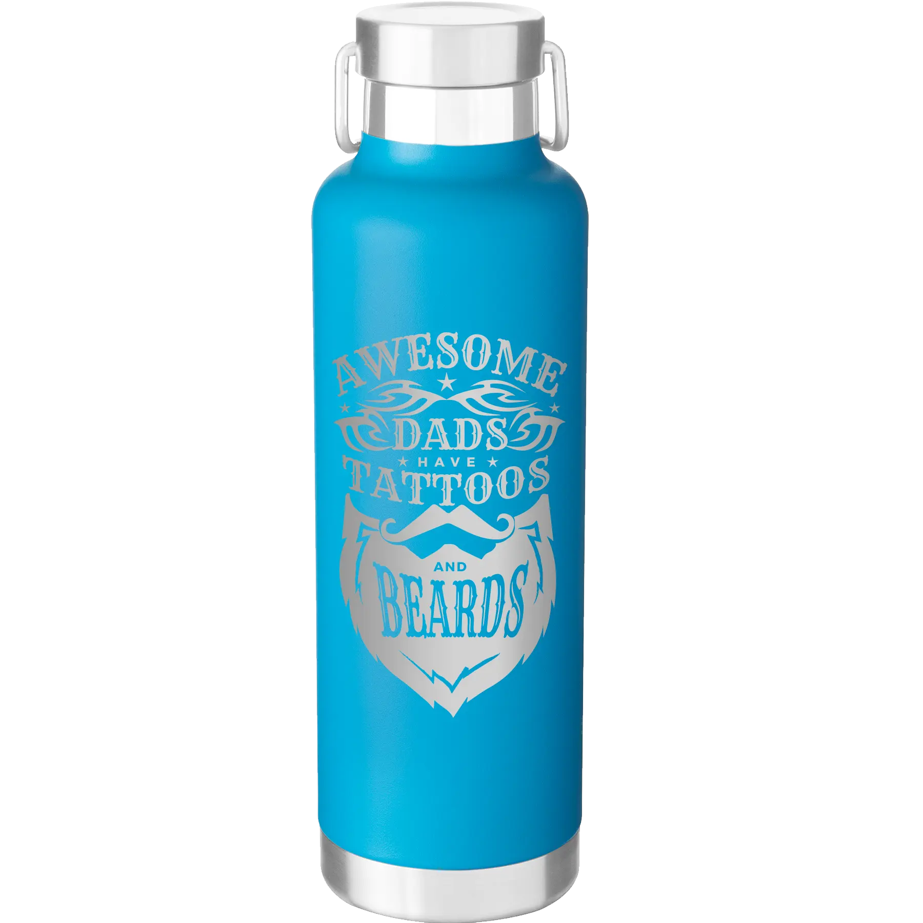 Laser etched aqua 24 oz vacuum insulated water bottle with 'Awesome Dads have Tattoos and Beards' design