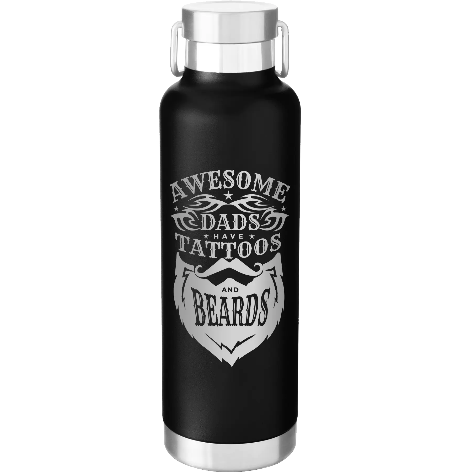 Laser etched black 24 oz vacuum insulated water bottle with 'Awesome Dads have Tattoos and Beards' design