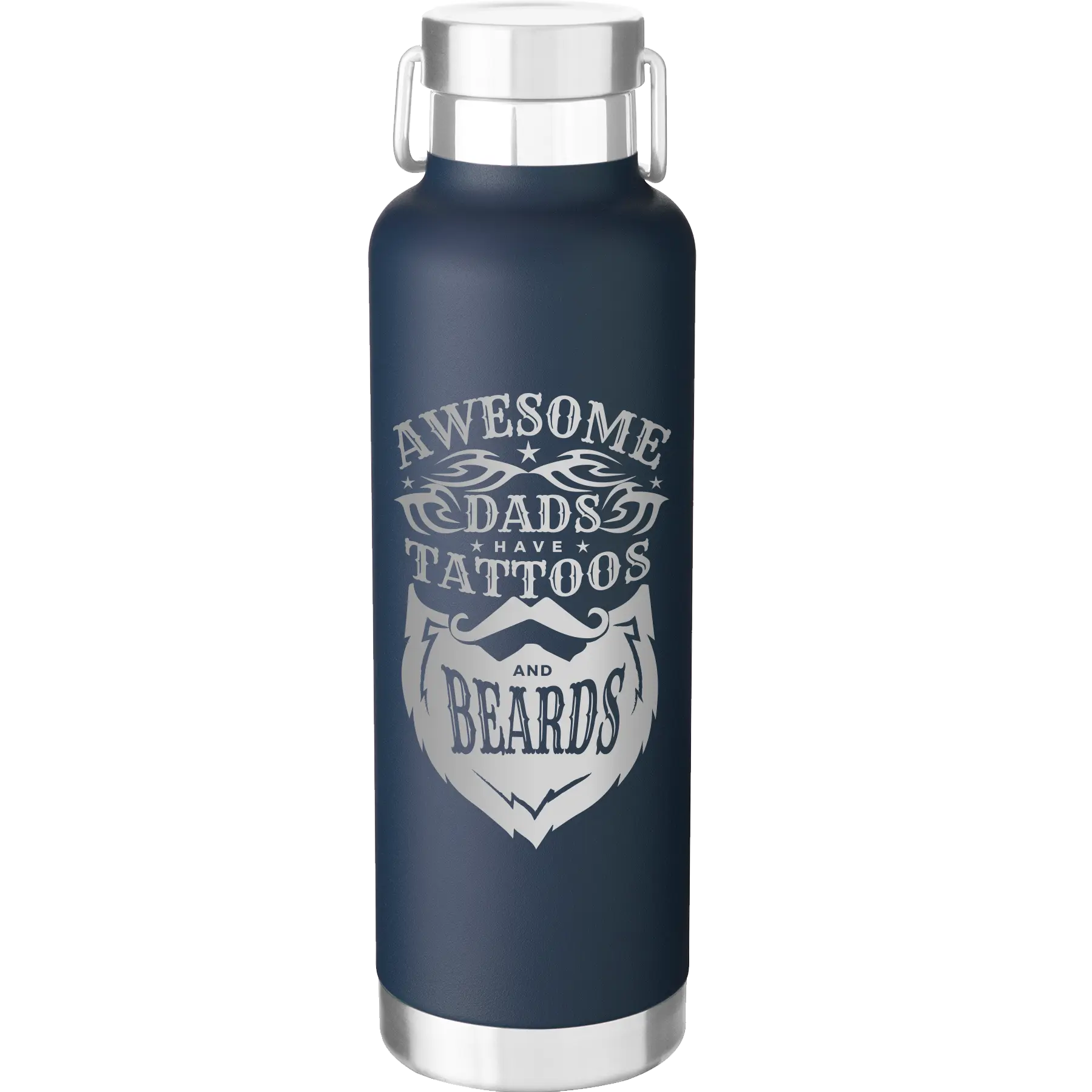 Laser etched navy 24 oz vacuum insulated water bottle with 'Awesome Dads have Tattoos and Beards' design