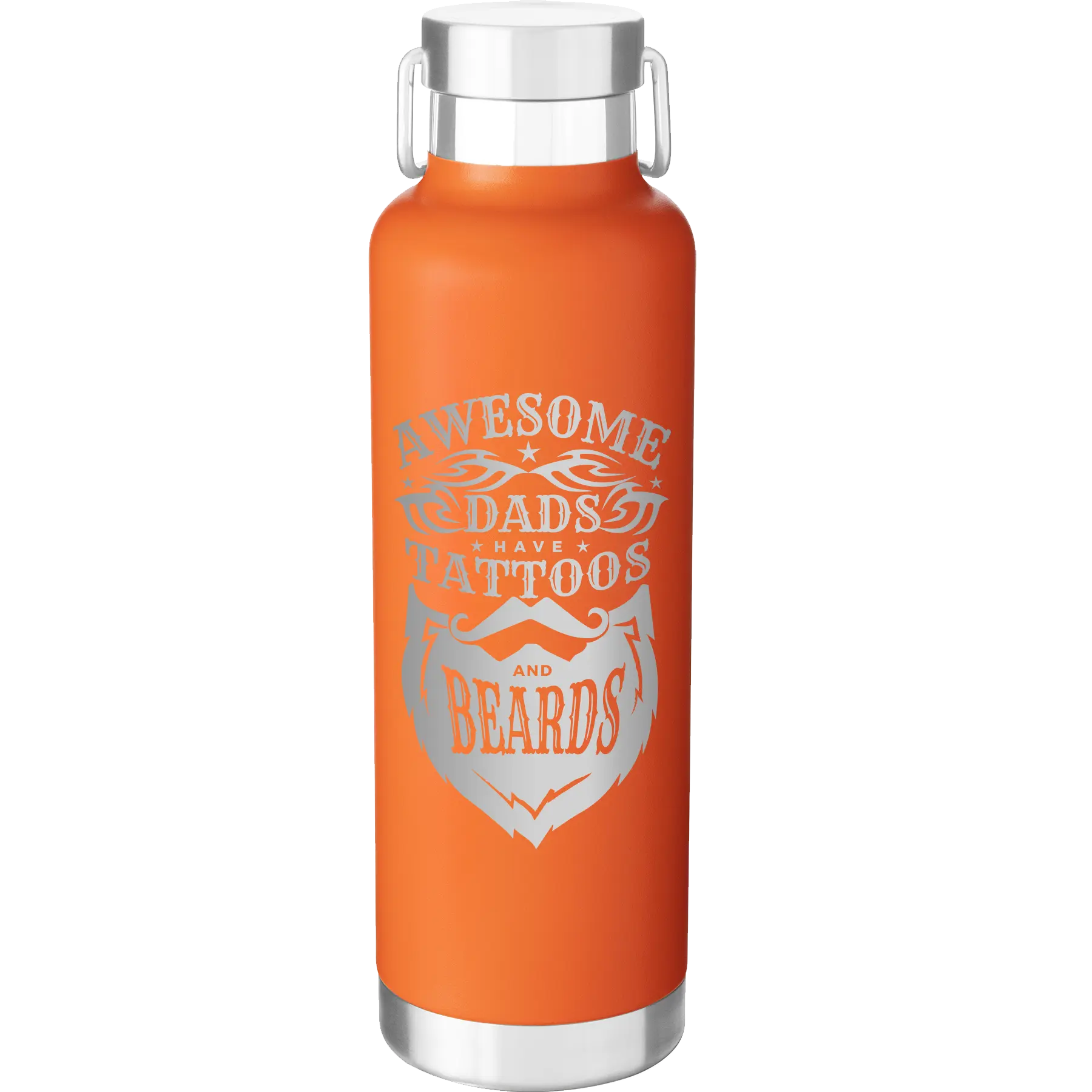 Laser etched orange 24 oz vacuum insulated water bottle with 'Awesome Dads have Tattoos and Beards' design