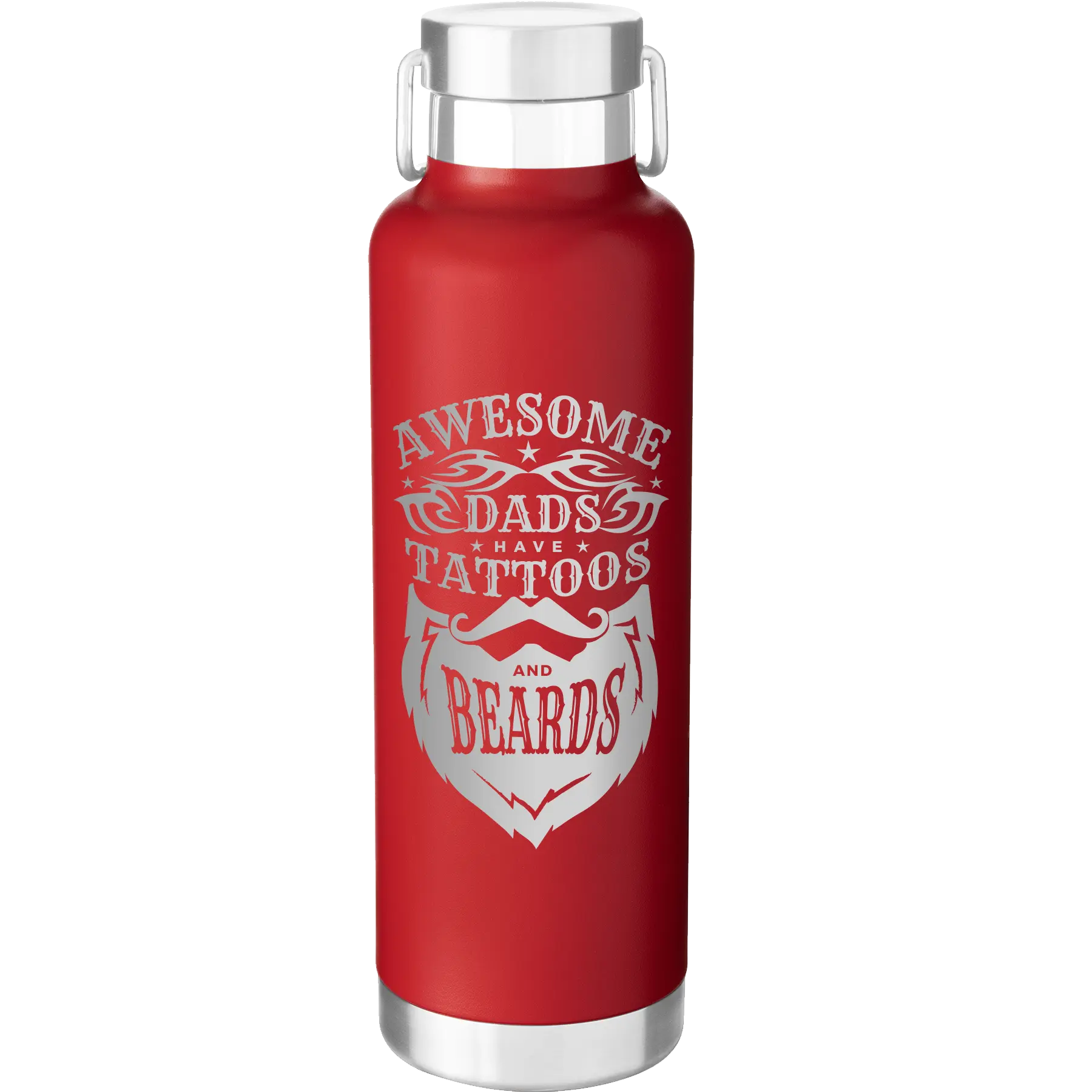 Laser etched red 24 oz vacuum insulated water bottle with 'Awesome Dads have Tattoos and Beards' design