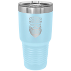 Laser etched light blue 30 oz vacuum insulated tumbler with 'Awesome Dads have Tattoos and Beards' design
