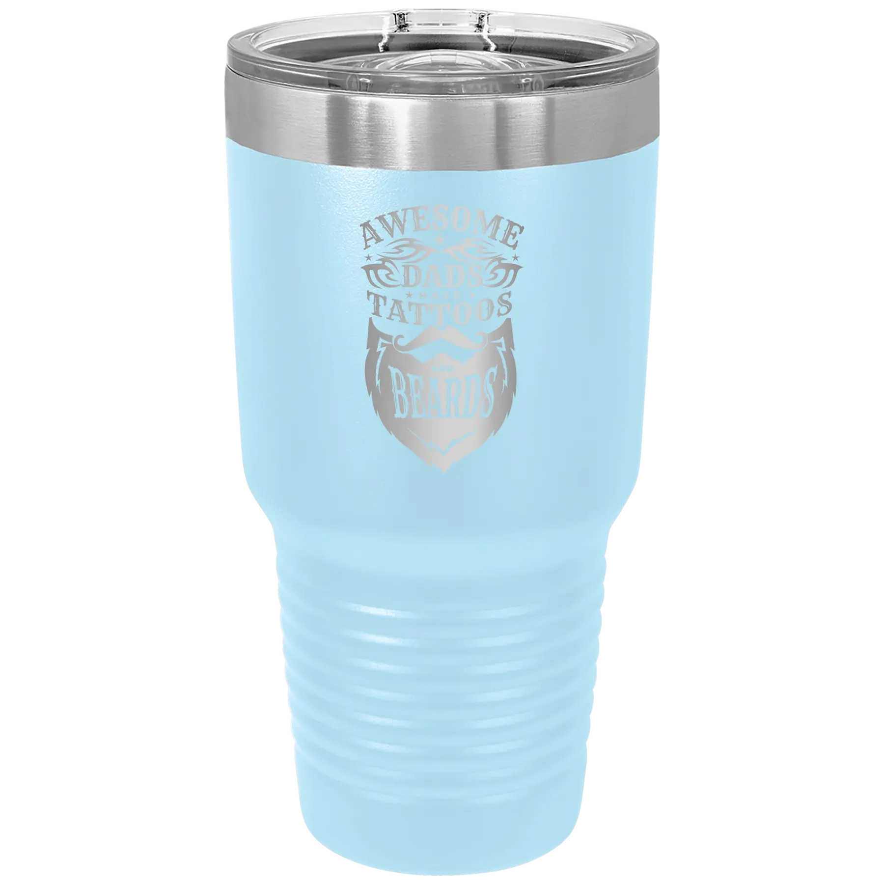 Laser etched light blue 30 oz vacuum insulated tumbler with 'Awesome Dads have Tattoos and Beards' design