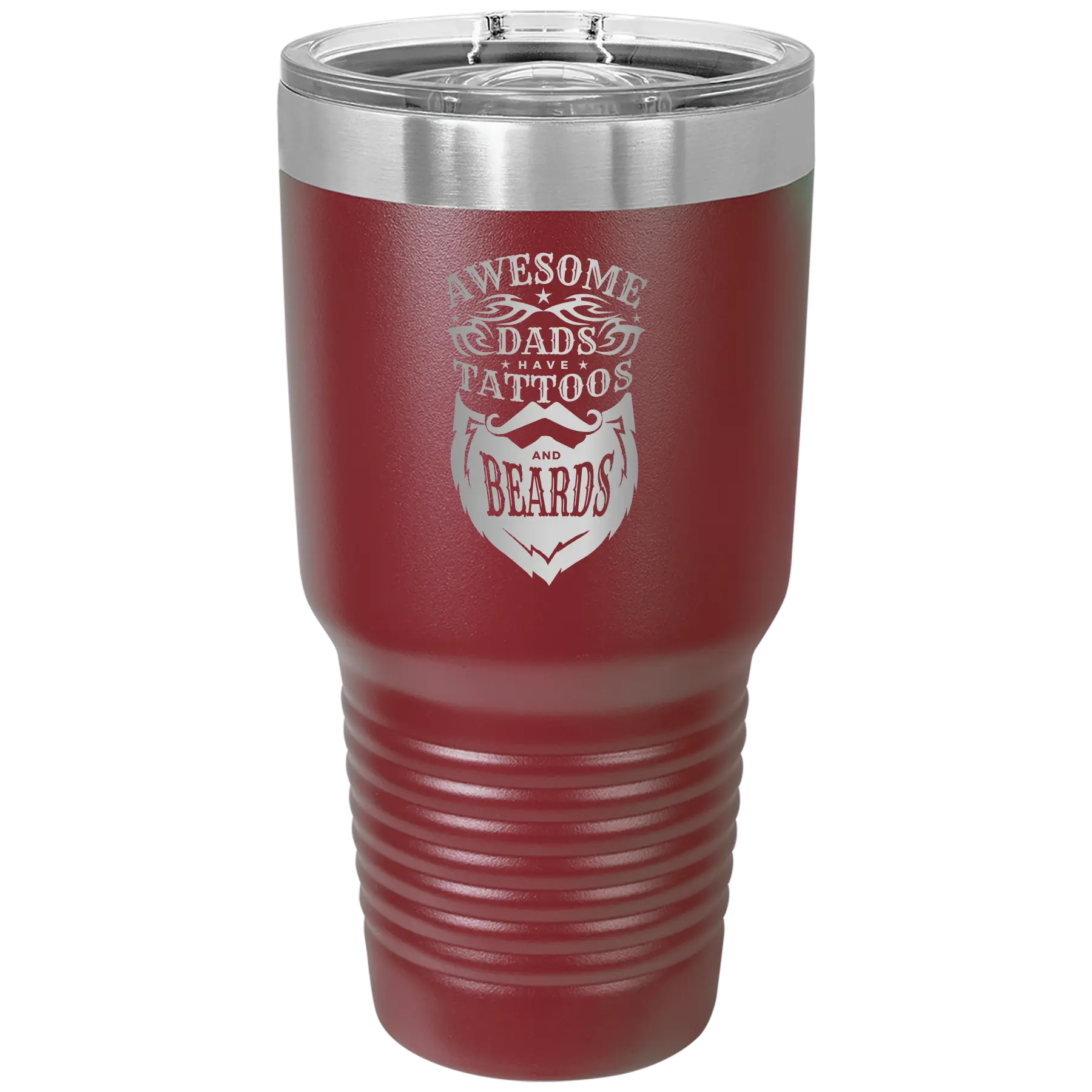 Laser etched maroon 30 oz vacuum insulated tumbler with 'Awesome Dads have Tattoos and Beards' design