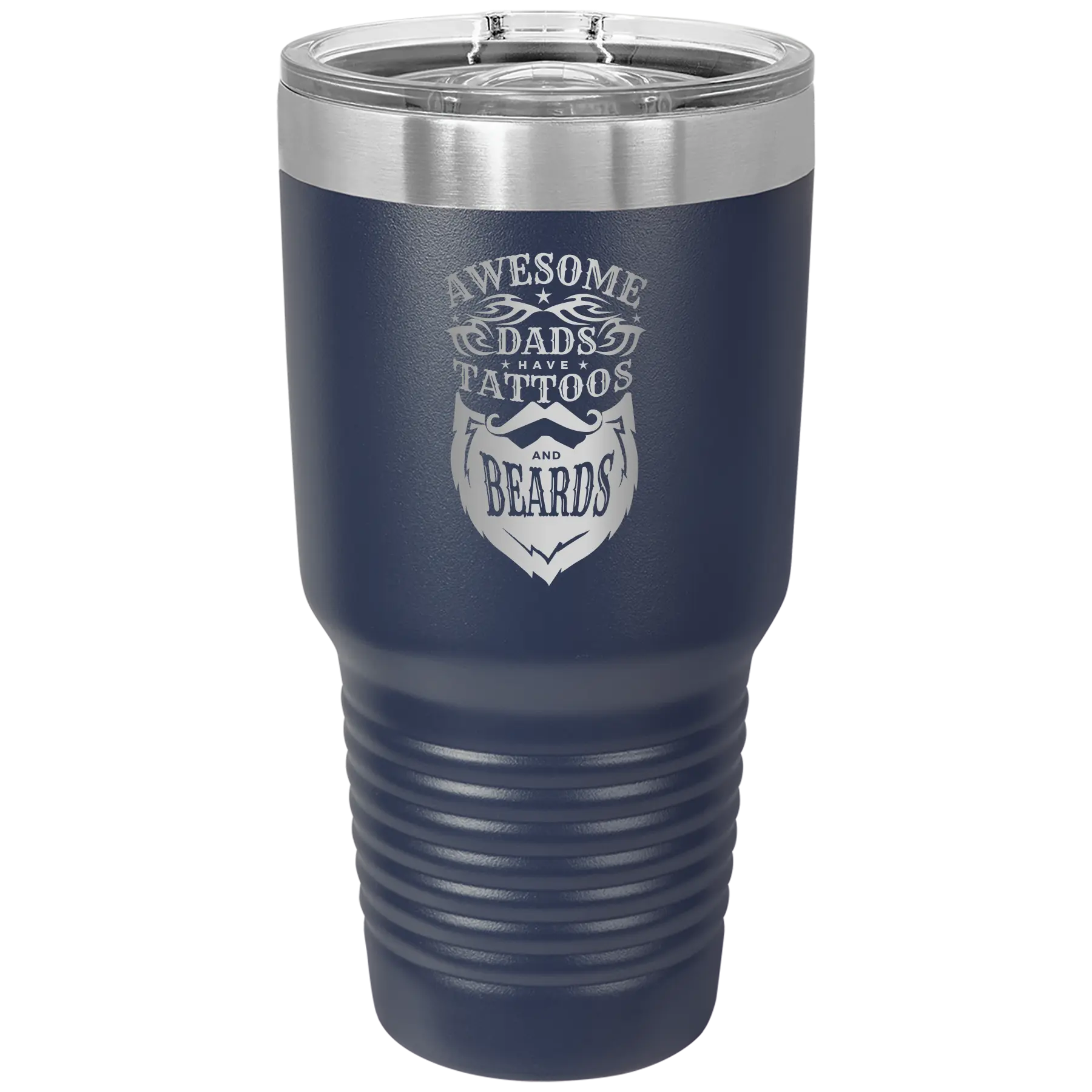 Laser etched navy 30 oz vacuum insulated tumbler with 'Awesome Dads have Tattoos and Beards' design