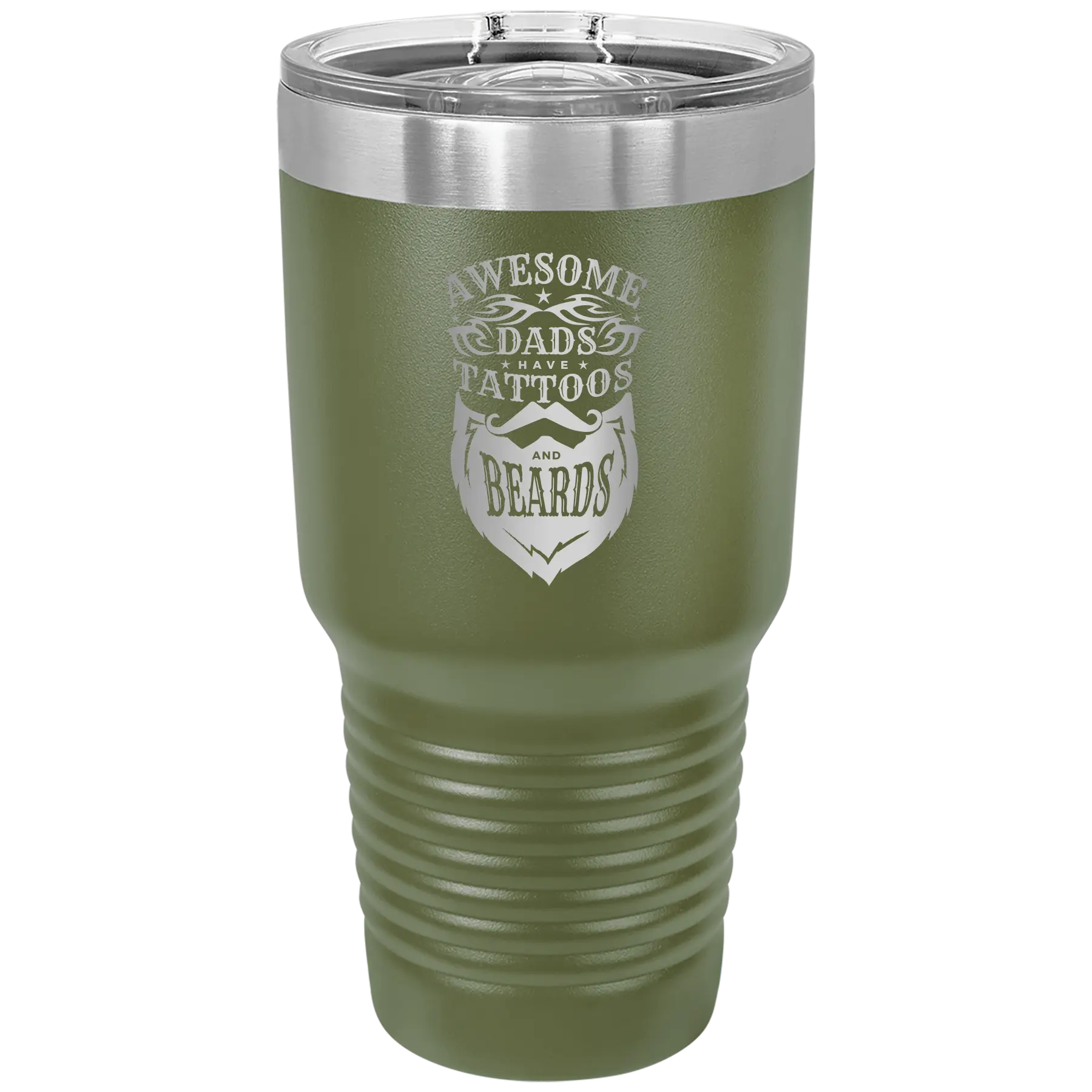 Laser etched olive green 30 oz vacuum insulated tumbler with 'Awesome Dads have Tattoos and Beards' design