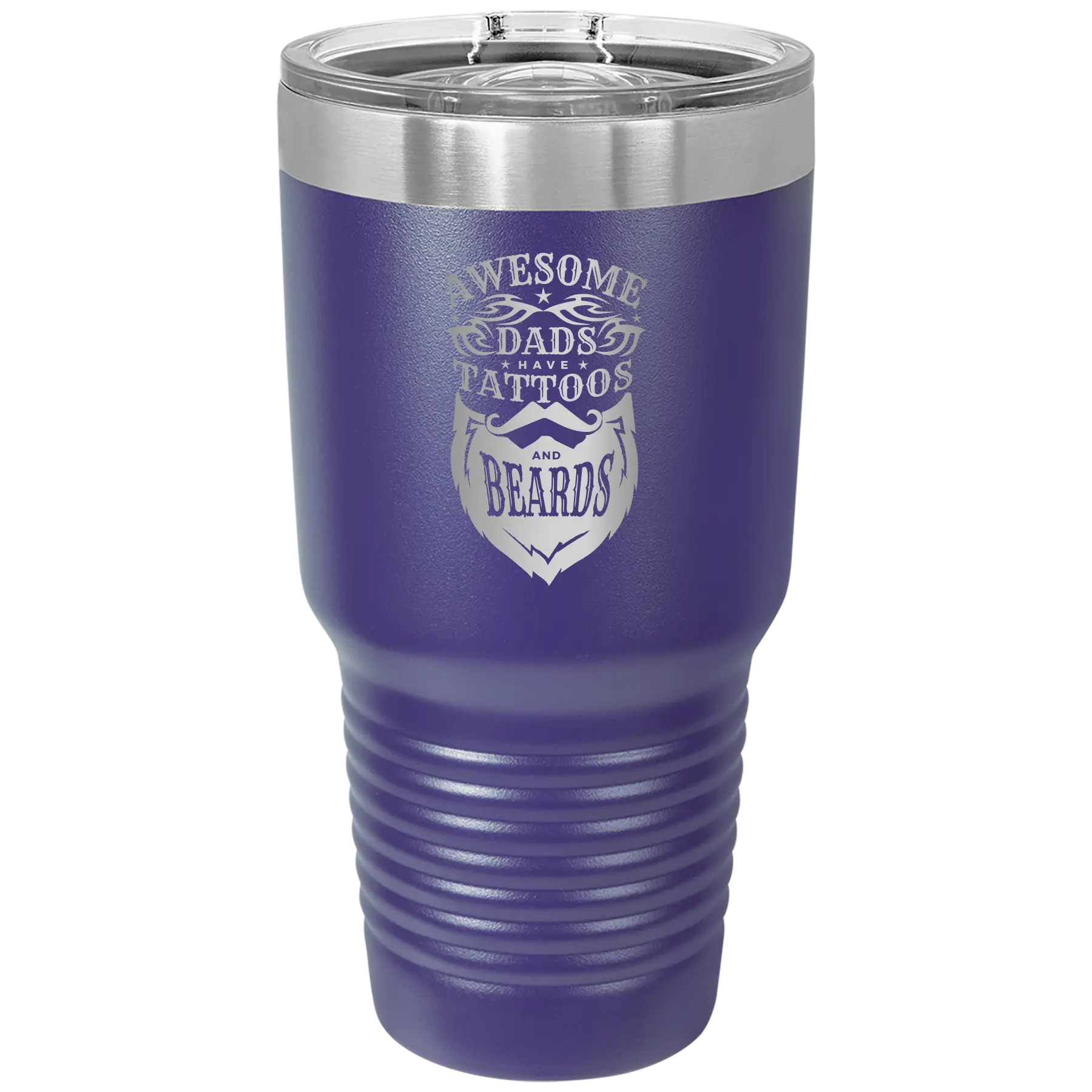 Laser etched purple 30 oz vacuum insulated tumbler with 'Awesome Dads have Tattoos and Beards' design