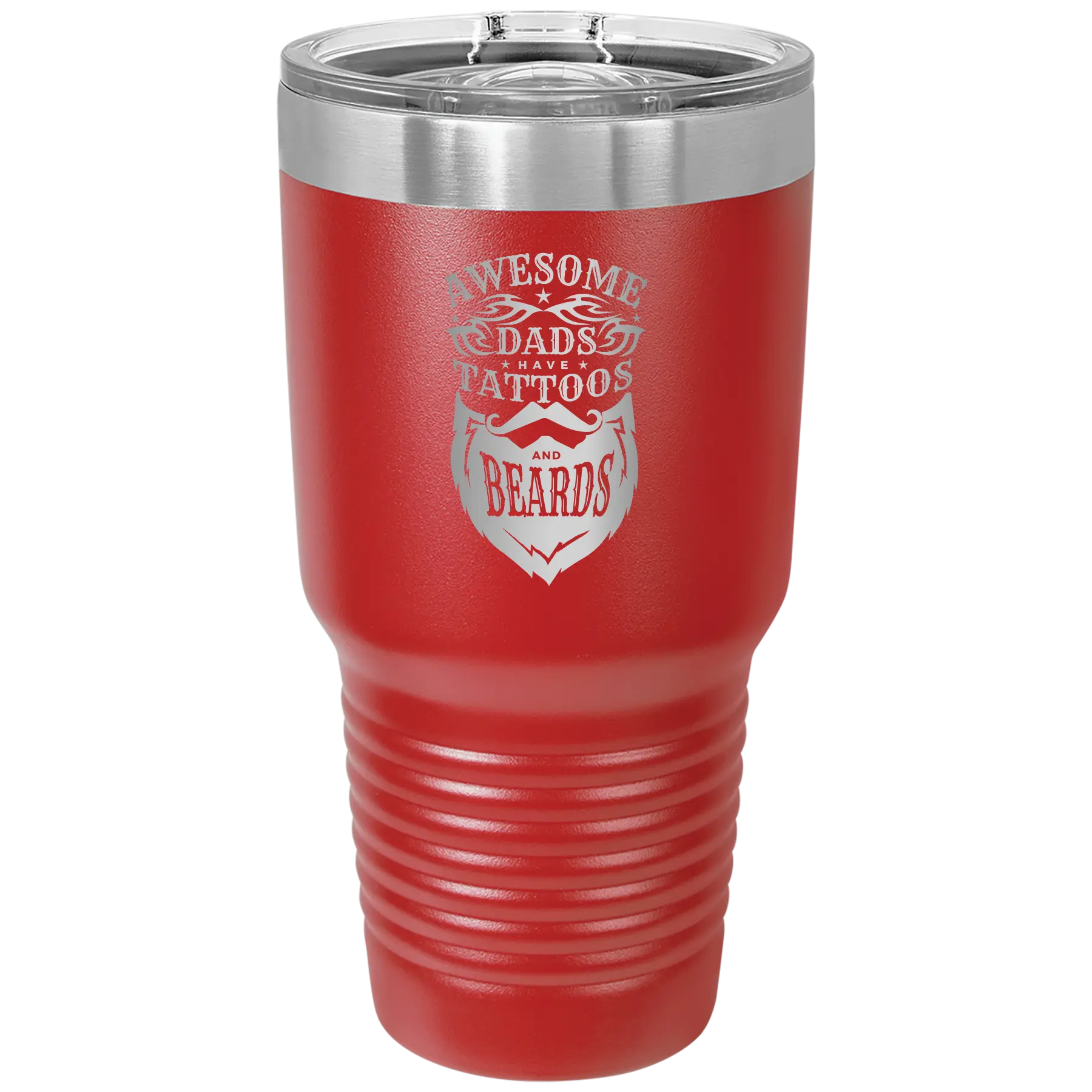 Laser etched red 30 oz vacuum insulated tumbler with 'Awesome Dads have Tattoos and Beards' design
