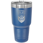 Laser etched royal blue 30 oz vacuum insulated tumbler with 'Awesome Dads have Tattoos and Beards' design
