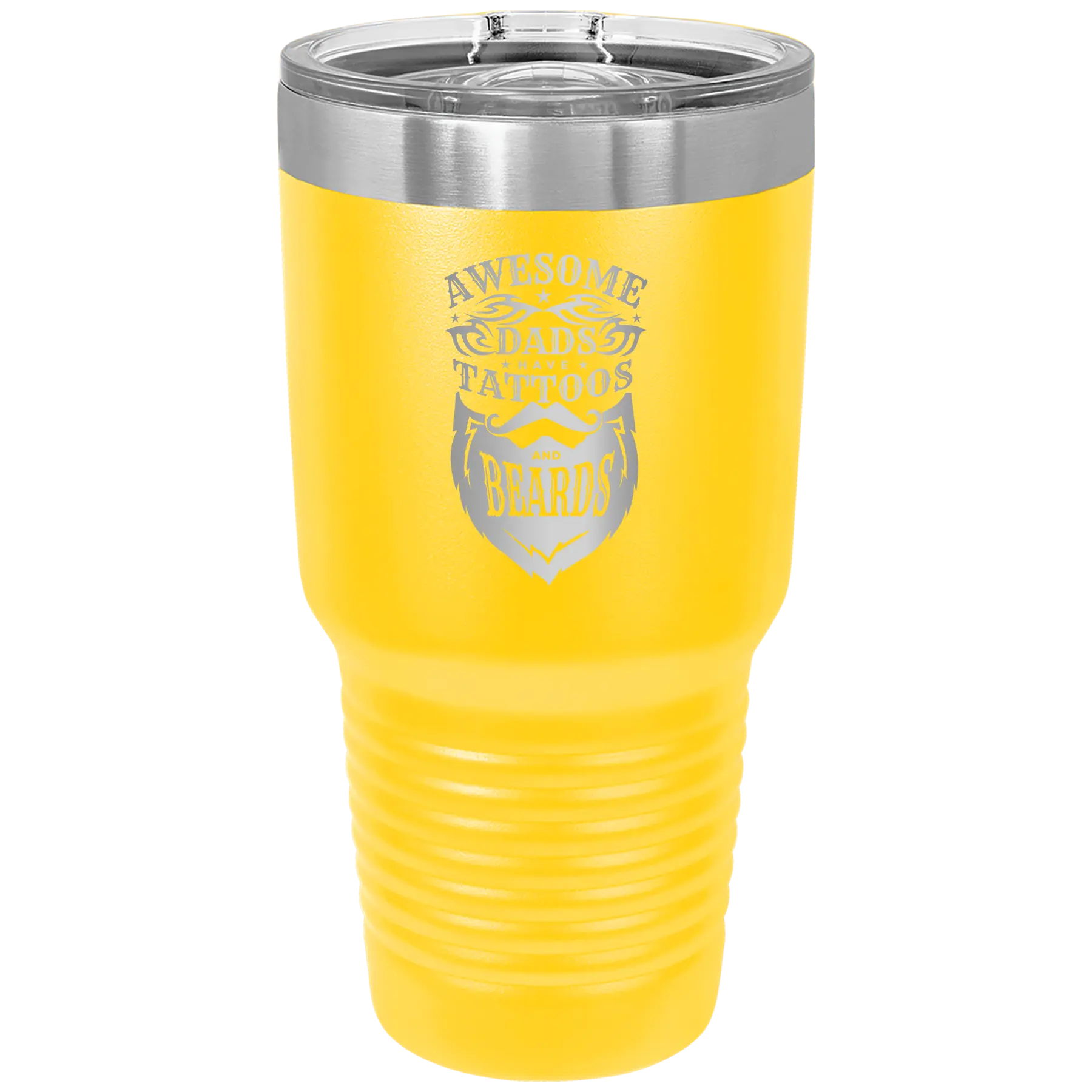 Laser etched yellow 30 oz vacuum insulated tumbler with 'Awesome Dads have Tattoos and Beards' design