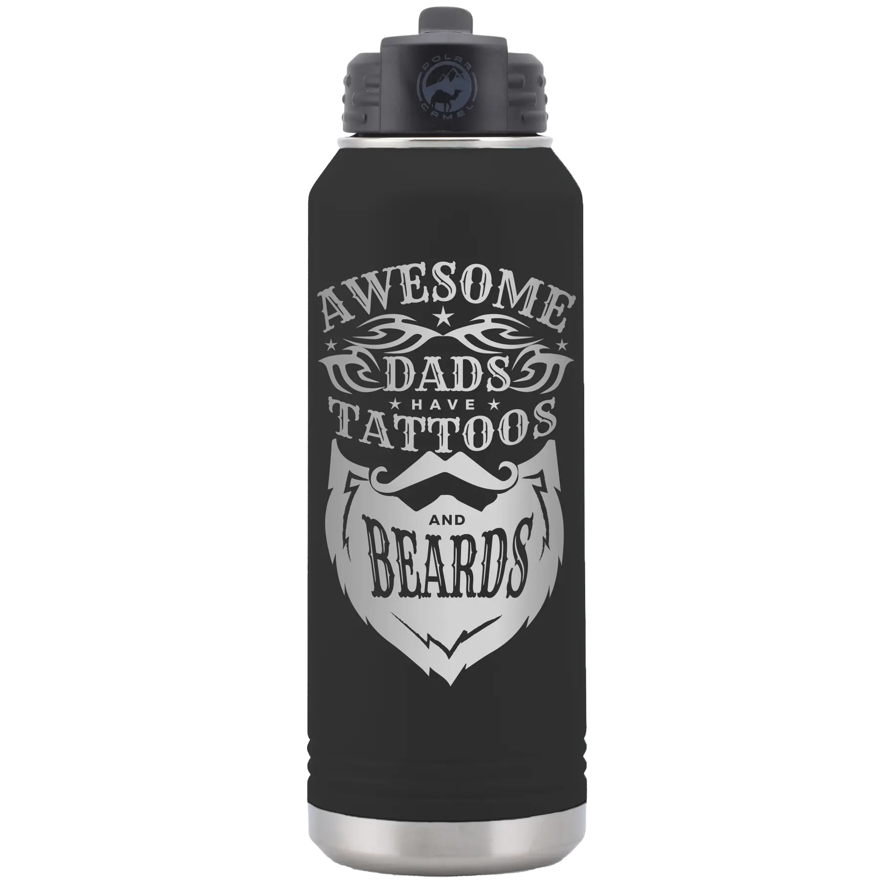 Laser etched black 32 oz vacuum insulated water bottle with 'Awesome Dads have Tattoos and Beards' design