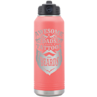 Laser etched coral 32 oz vacuum insulated water bottle with 'Awesome Dads have Tattoos and Beards' design