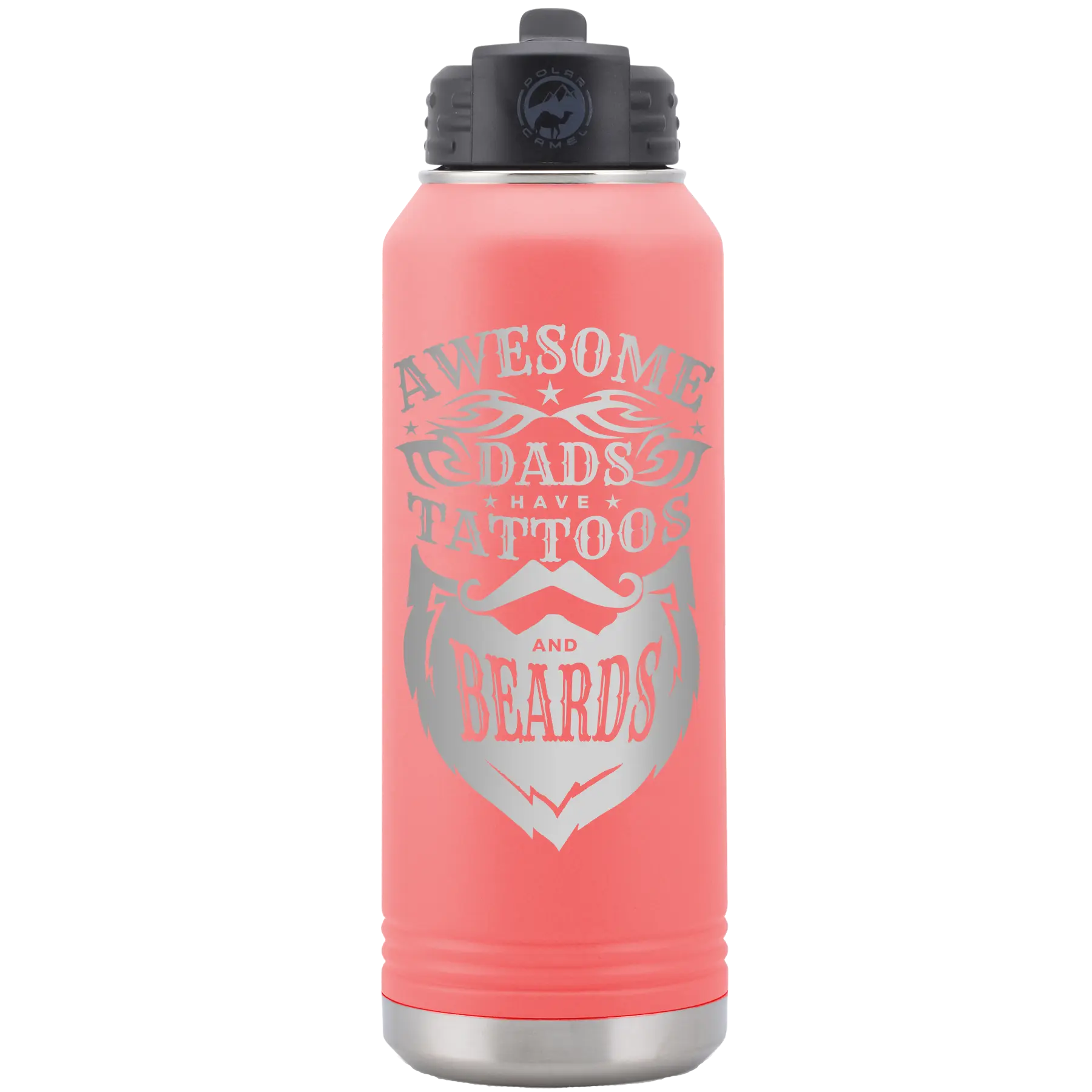 Laser etched coral 32 oz vacuum insulated water bottle with 'Awesome Dads have Tattoos and Beards' design