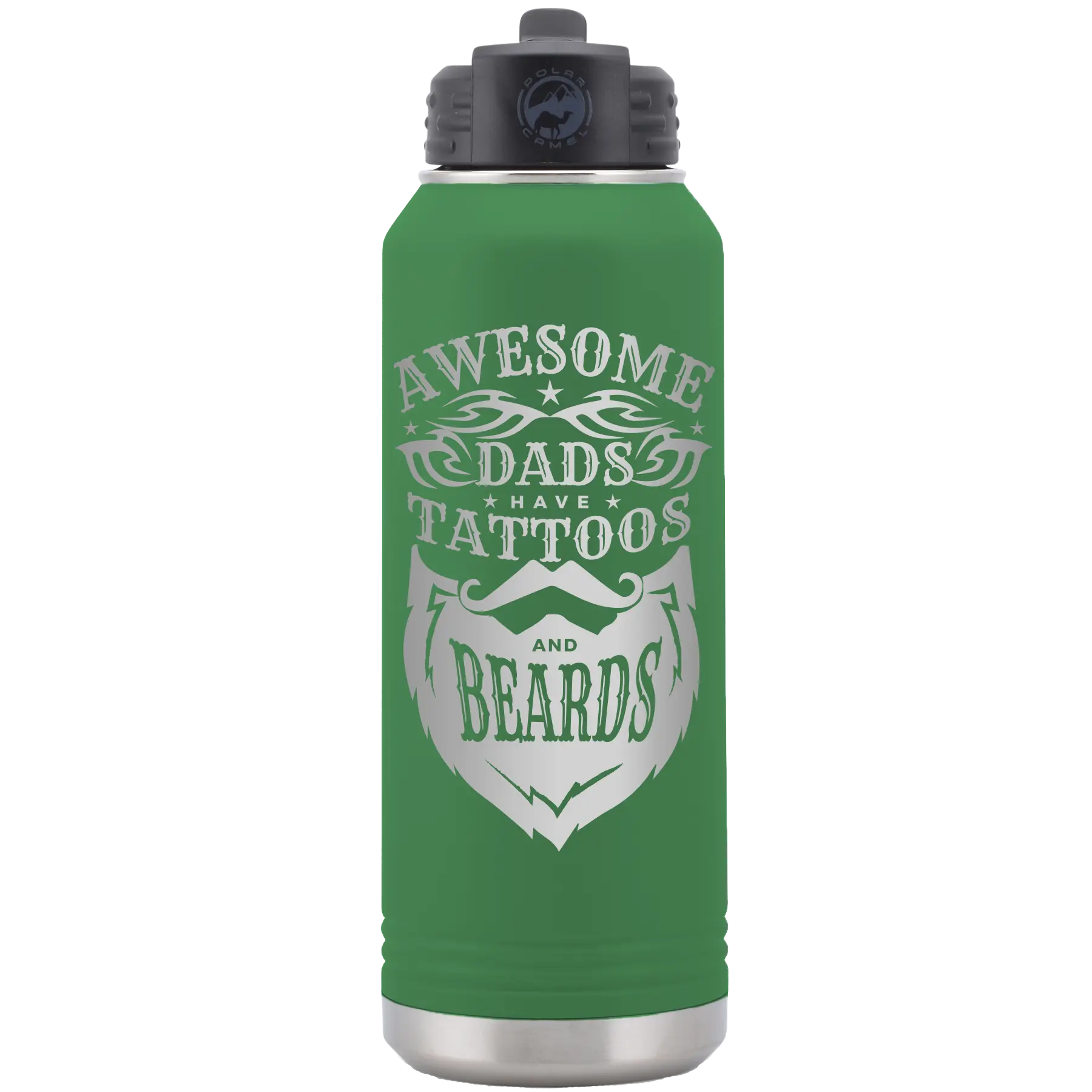Laser etched green 32 oz vacuum insulated water bottle with 'Awesome Dads have Tattoos and Beards' design