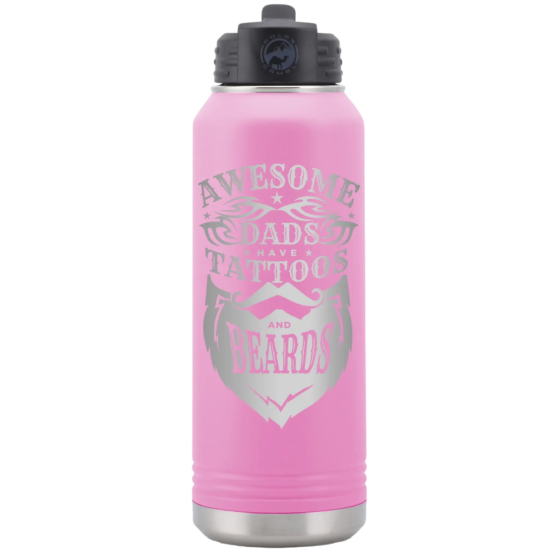 Laser etched light purple 32 oz vacuum insulated water bottle with 'Awesome Dads have Tattoos and Beards' design