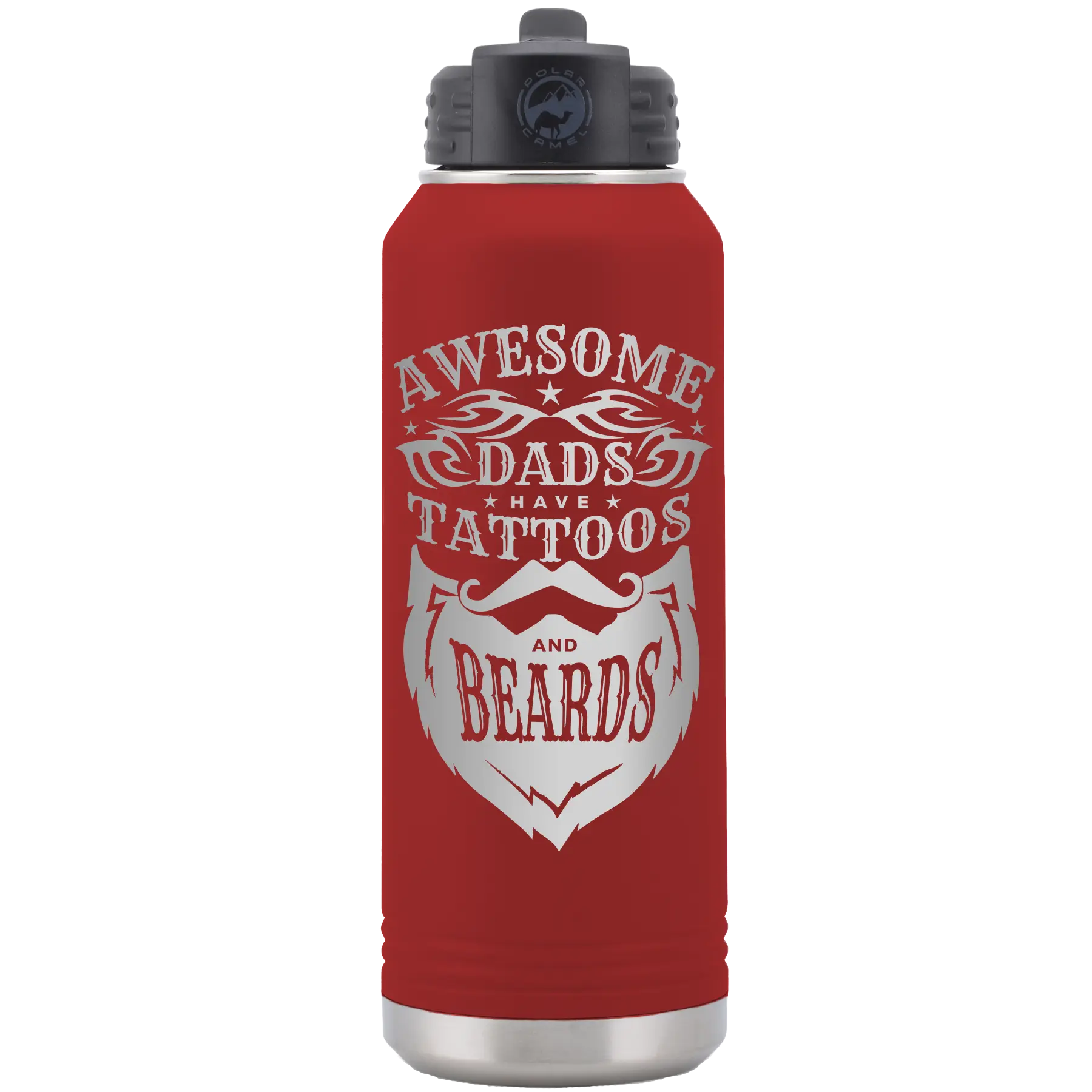 Laser etched maroon 32 oz vacuum insulated water bottle with 'Awesome Dads have Tattoos and Beards' design