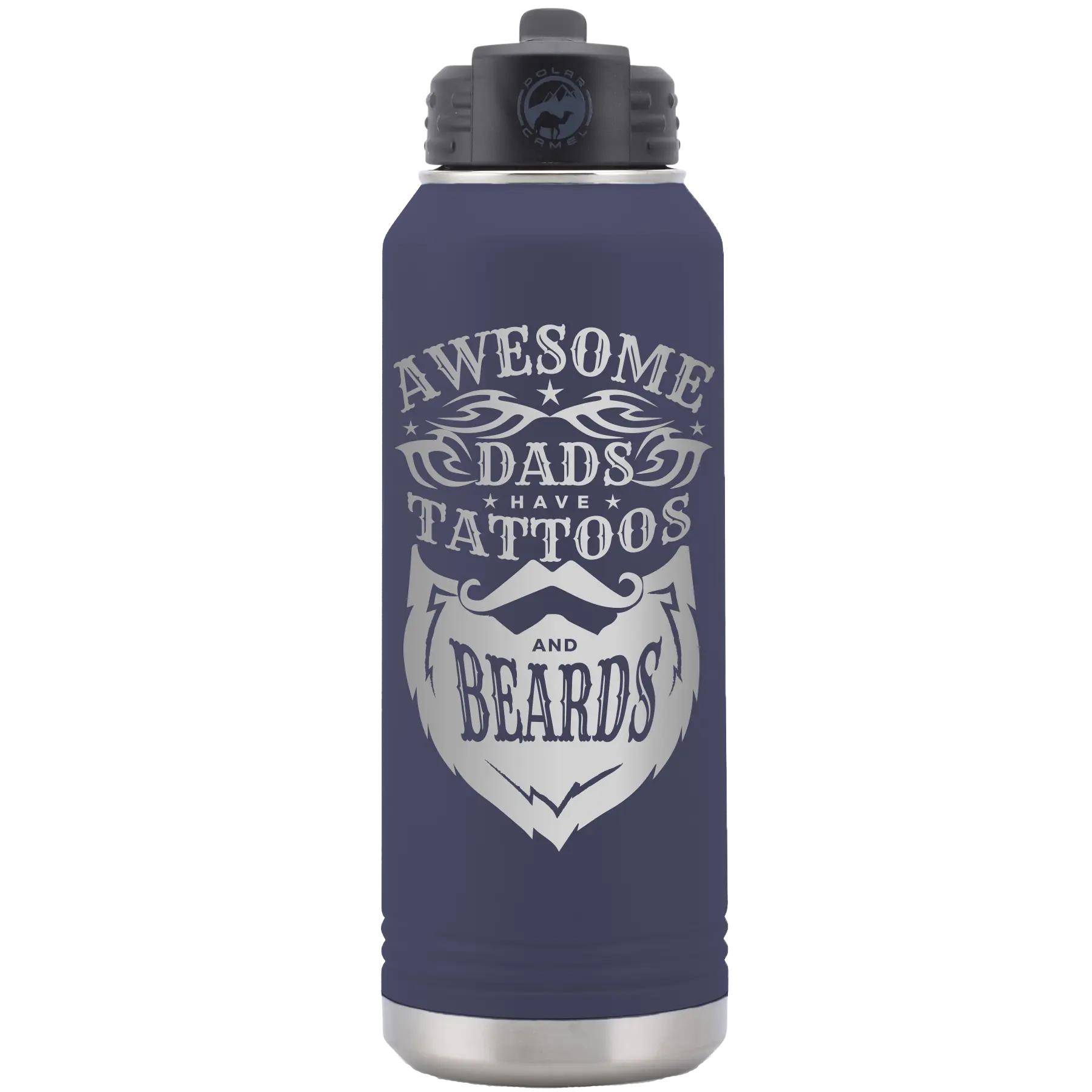 Laser etched navy 32 oz vacuum insulated water bottle with 'Awesome Dads have Tattoos and Beards' design