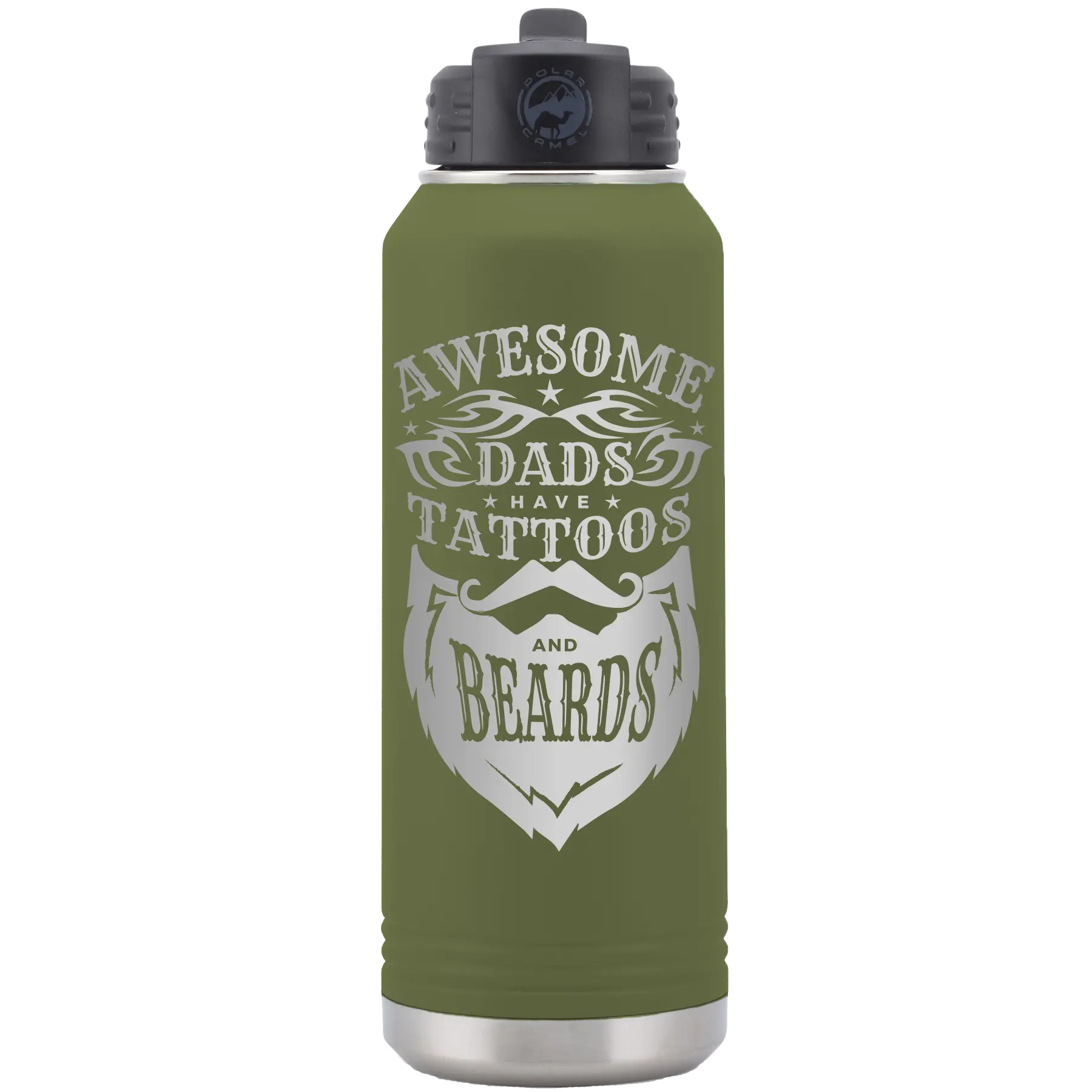 Laser etched olive green 32 oz vacuum insulated water bottle with 'Awesome Dads have Tattoos and Beards' design