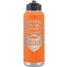 Laser etched orange 32 oz vacuum insulated water bottle with 'Awesome Dads have Tattoos and Beards' design