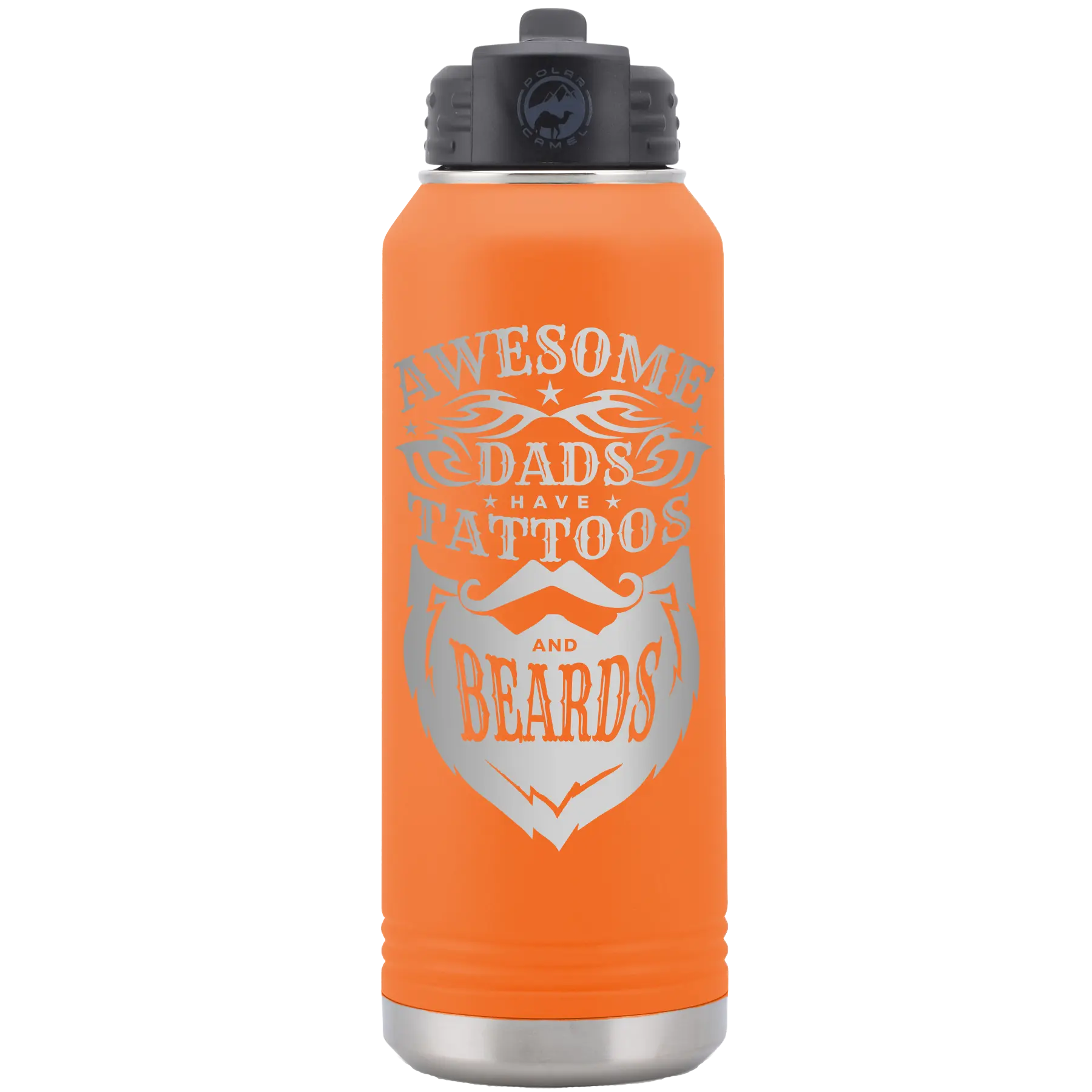 Laser etched orange 32 oz vacuum insulated water bottle with 'Awesome Dads have Tattoos and Beards' design