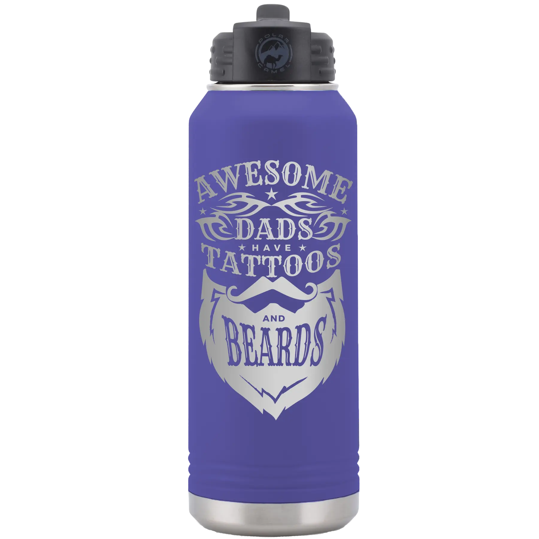 Laser etched purple 32 oz vacuum insulated water bottle with 'Awesome Dads have Tattoos and Beards' design