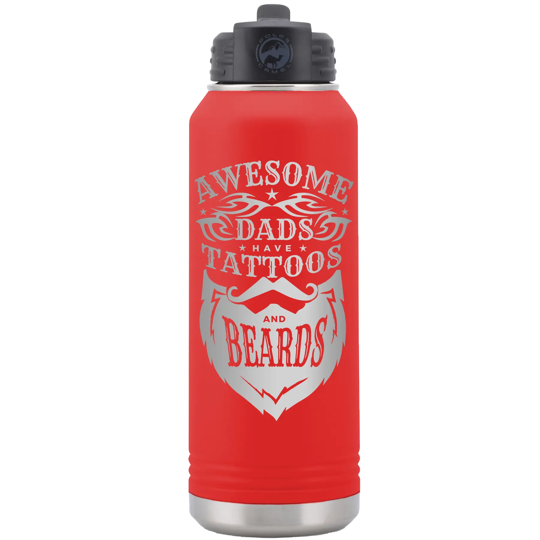 Laser etched red 32 oz vacuum insulated water bottle with 'Awesome Dads have Tattoos and Beards' design